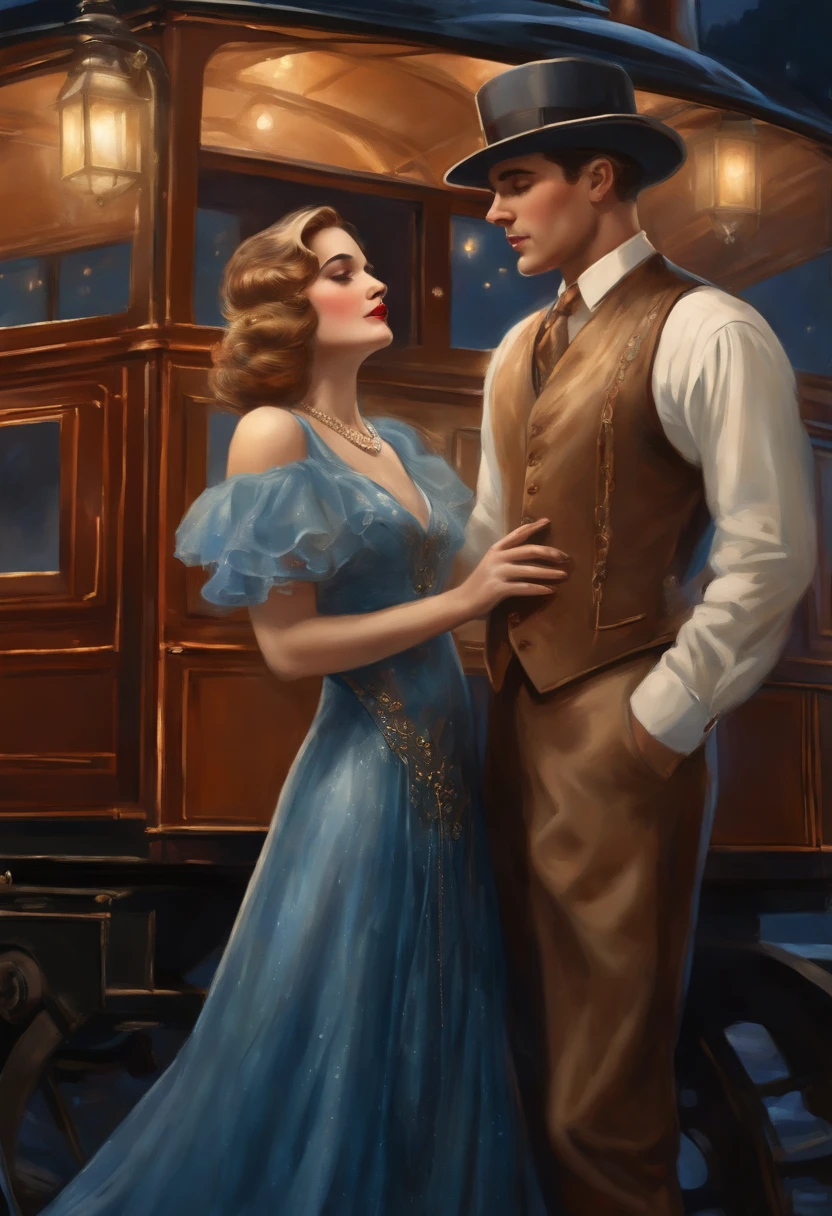 a beautiful young lady with hat is speaking and saying goodbye to his husband , crying, 1920s, people wear 1920s cloth elaborated steampunk shiny train, in old village station, Watercolor and metallic touches, beautiful and powerful, with iridescent blue and orange glitter . Between disco lights., detailed background, twilight, fogy environment, extreme long shot, rainy night, wet ground