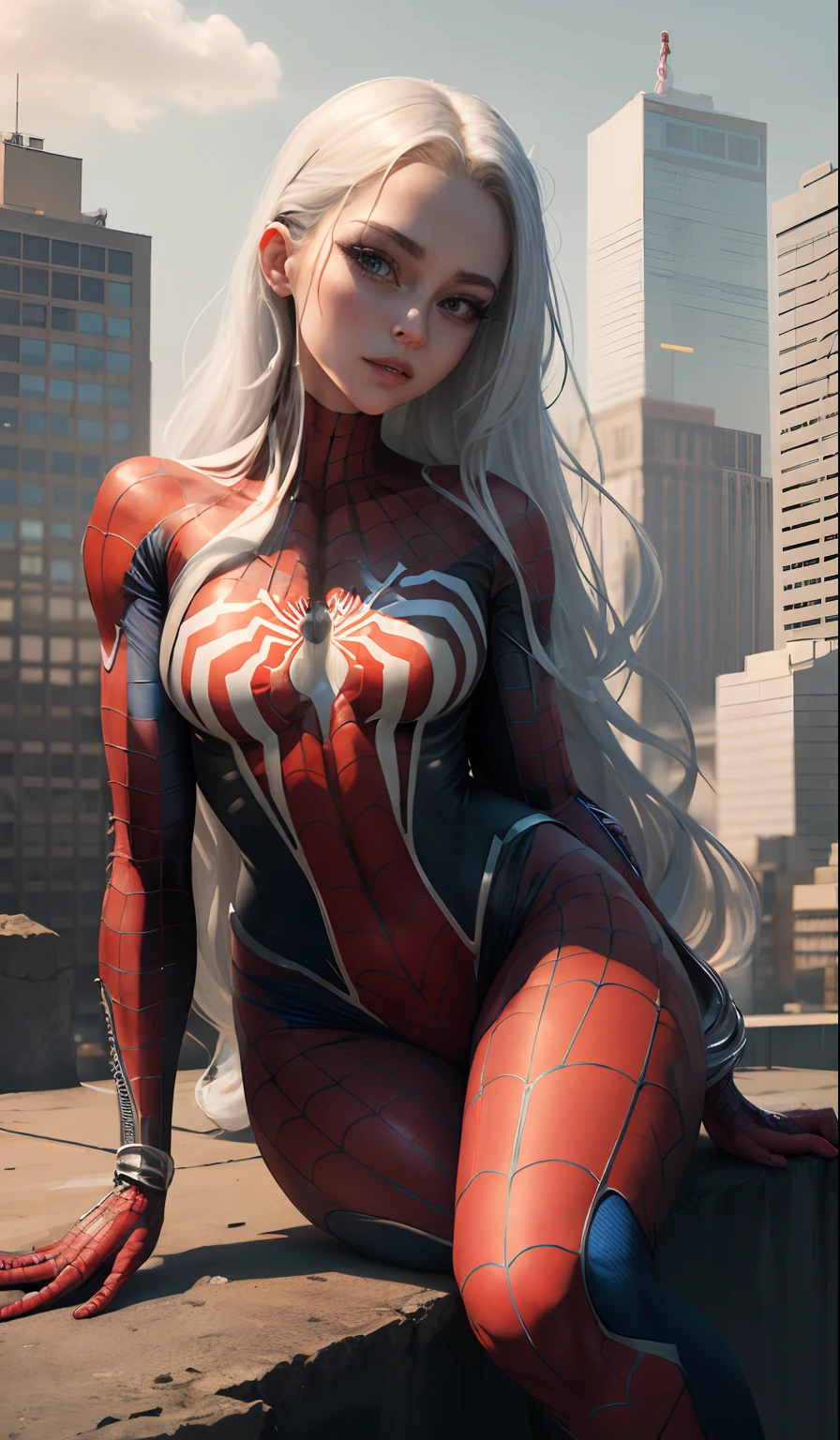 4k, realistic, carismatic, very detail, there is a girl on top city, wearing spiderman costum, she is a spiderman, white super hero theme, white long hair, 25 years old, full body