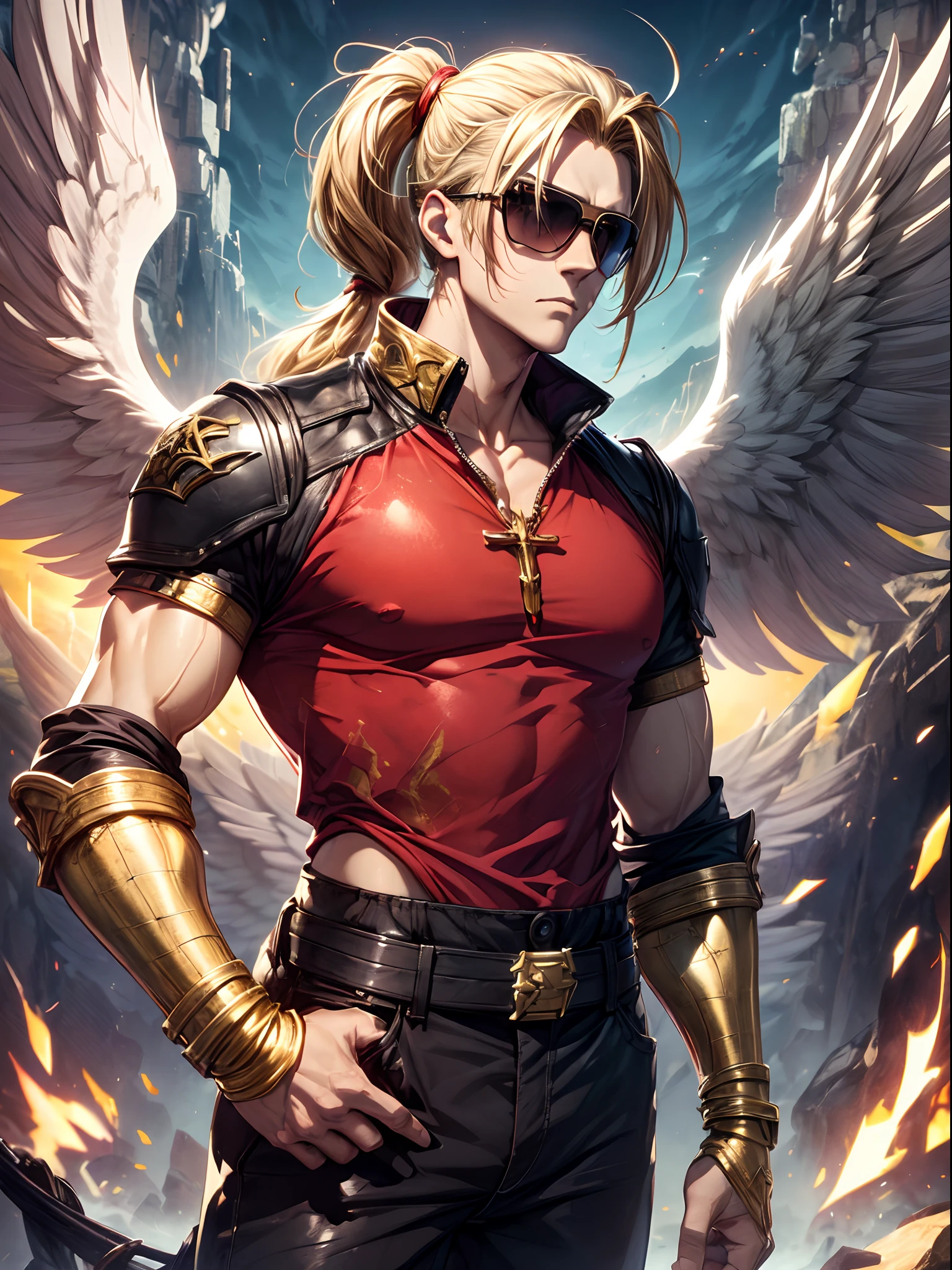 masutepiece, Best Quality, Official art, (Fractal Art:1.3), ((One man)), ((Big Angel Wings)), ((no sleeves, Red Shirt:1.2)), Muscle Man, Wire Black Sunglasses, Extreme close-up, ((Gold Hair)), ((with hands in pockets)), ((detailed battleground background))、Mrs. Neck of the Cross、((poneyTail:1.3)), detailed clothes, Front view, Character Focus, In the sky, cloud, Sunset, Colorful, Cinematic magic lighting, portal, Holy Light, Long black trousers, Golden particles, llight rays, toughboy, toughboy style