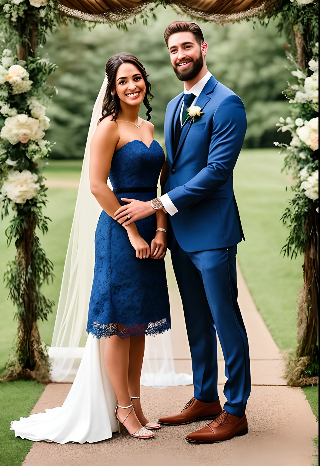 Full body photography of a stunning bride and her handsome husband on their wedding day. The bride stands at 5 feet 4 inches, while the groom towers at 6 feet 4 inches. She is wearing a long strapless lace wedding dress that accentuates her full bust and athletic hourglass figure, natural makeup, and wavy brunette hair. He is dressed in a tailored charcoal suit, showcasing his athletic build and groomed short beard. Both are standing at the altar of a rustic outdoor summer wedding, looking intensely into the camera, with smiles on their faces. The image should capture their symmetrical eyes, symmetrical faces, and exhibit photorealistic qualities, including path tracing, specular lighting, volumetric face light, path-traced hair, visible shadows, and intricate, elaborate, hyper-realistic details