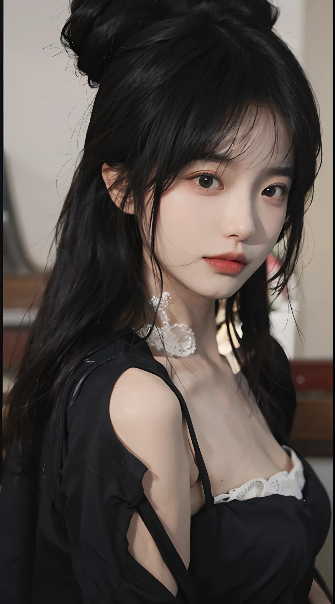 Photorealistic, masutepiece, best quality, raw image, realistically:1.4, 1girl in, , solo, long hair, facial face details, small face, The best hair details, brown hair, ใบหน้าrealistically, The face has the best detail., charming face, ((Feeling shy)), Black shirt with collar, Medium to quite large breasts, big breasts, dynamic gesture, (Beautiful figure), (Beautiful figure), (Slim figure), (Good figure, slender, slim, good figure), looking at the audience, from below, Detailed background, great details, complicated details, Ray tracing, depth of field, lowkey, nffsw