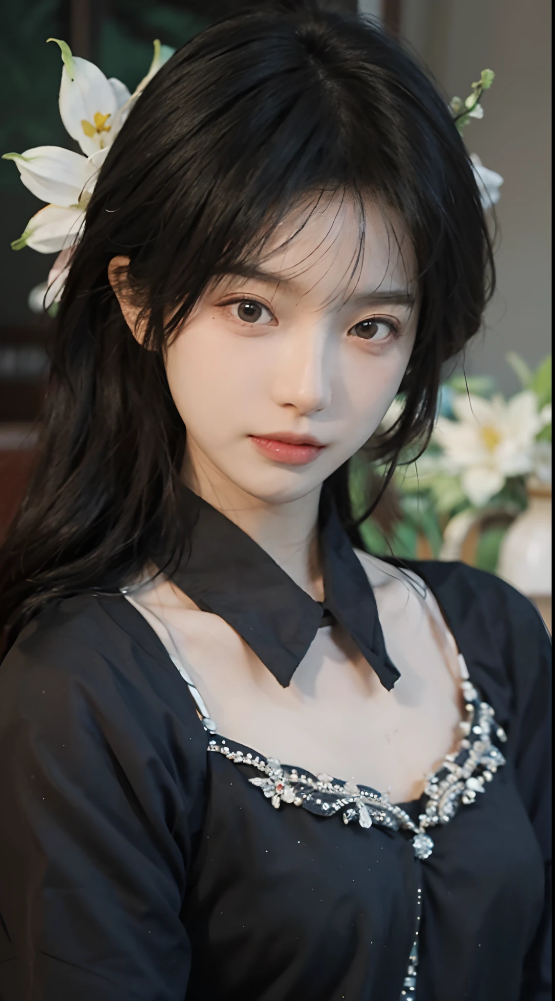 best qualtiy，tmasterpiece，超高分辨率，（realisticlying：1.4），a close up of a woman with long black hair wearing a black dress, Cai Xukun, gorgeous chinese models, Gorgeous young Korean woman, beautiful Korean women, yanjun cheng, Xianxia, full-body xianxia, xintong chen, ruan jia beautiful!, Beautiful young Korean woman, xision wu, Inspired by Huang Ji, gongbi