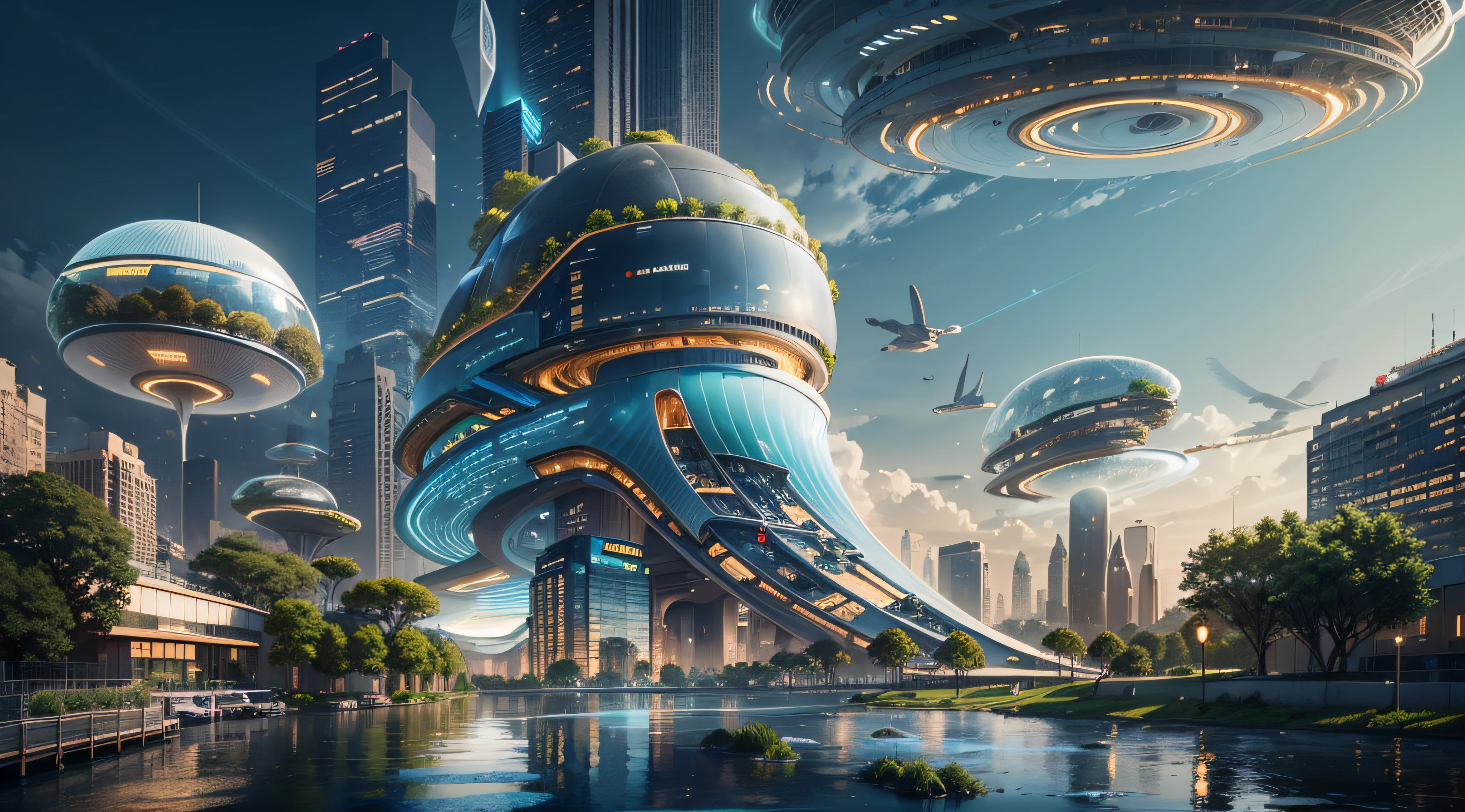 (Best quality,4K,8K,A high resolution,Masterpiece:1.2),Ultra-detailed,(Realistic,Photorealistic,photo-realistic:1.37),Futuristic floating city,Futuristic technology,Huge urban high-tech tablet platform,Airship,Floating in the sky,Futuristic city,Small airships around,High-tech hemispherical platform,Colorful lights,Advanced architecture,modernn architecture,skyscrapper,Access the cloud,Scenic beauty,view over city,Impressive design,Blend seamlessly with nature,energetic and vibrant atmosphere,Futuristic transportation system,Parking is suspended,Transparent path,Lush greenery,Sky gardens,cascading waterfalls,Magnificent skyline,reflections on the water,Sparkling river,Architectural innovation,futuristic skyscrapers,Transparent dome,The shape of the building is unusual,Elevated walkway,Impressive skyline,Glowing lights,Futuristic technology,Minimalist design,Scenic spots,Panoramic view,Cloud Piercing Tower,Vibrant colors,epic sunrise,epic sunset,Dazzling light display,magical ambiance,The future city,Urban Utopia,LuxuryLifestyle,Innovative energy,sustainable development,Smart city technology,Advanced infrastructure,Tranquil atmosphere,Nature and technology live in harmony,Awesome cityscape,Unprecedented urban planning,Architecture connects seamlessly with nature,High-tech metropolis,A cutting-edge engineering marvel,The future of urban living,Visionary architectural concept,Energy-efficient buildings,Harmony with the environment,A city floating above the clouds,Utopian dreams become reality,The possibilities are endless,State-of-the-art transportation network,Green energy integration,Innovative materials,Impressive holographic display,Advanced communication system,Breathtaking aerial view,Quiet and peaceful environment,Modernist aesthetics,Ethereal beauty