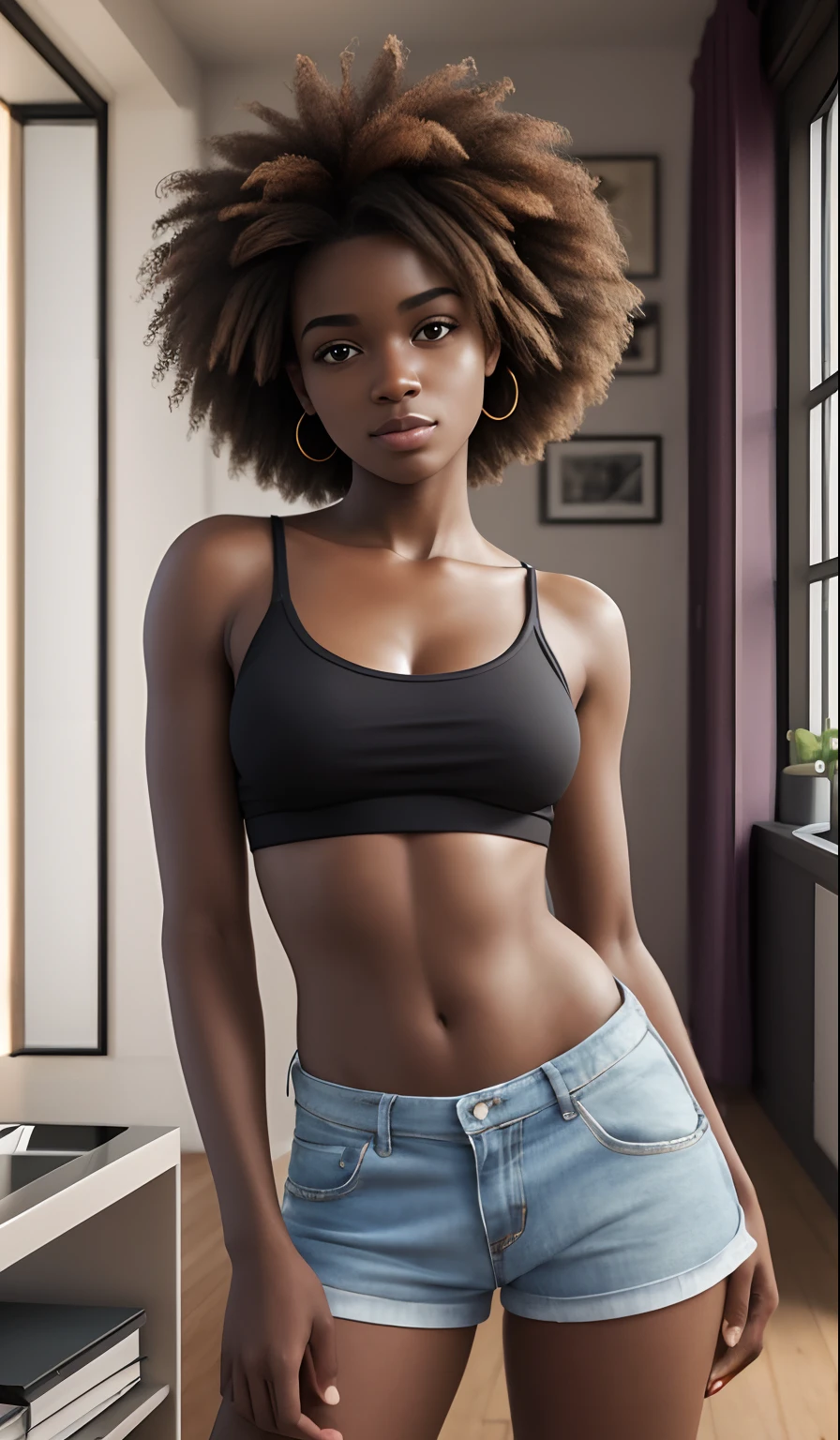 Ultra realistic photo, femme brune 19ans , cheveux afro, in a realistic apartment , HDR Quality , dressed in shorty and small top, souriante et coquine , A little wink, ((Wink)) Ultra real photo quality with focus --auto