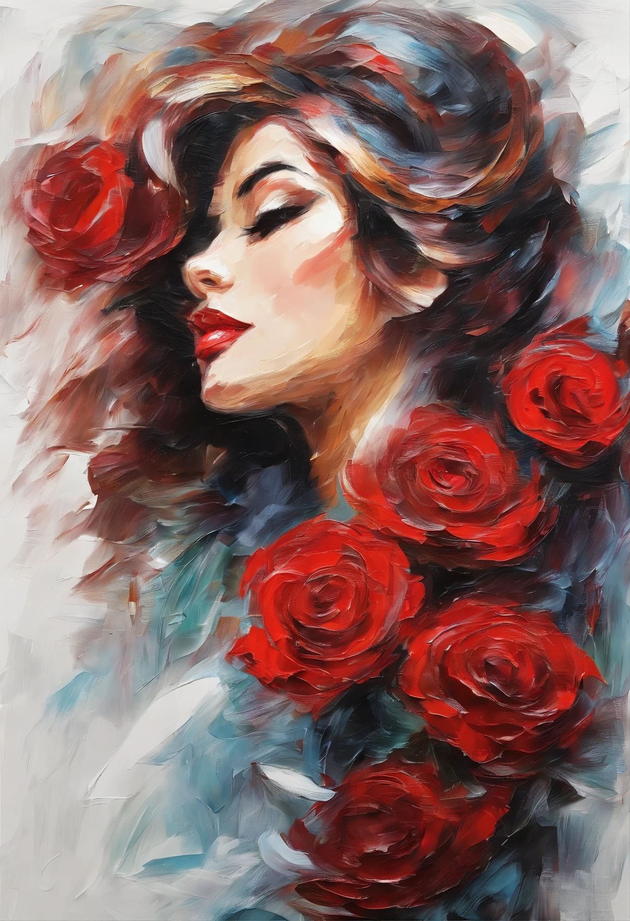 A impasto oil painting of woman, profile , view by side, wearing a red rose on her hair , white background, closed up, hyper realistic oil painting. masterpiece art work.