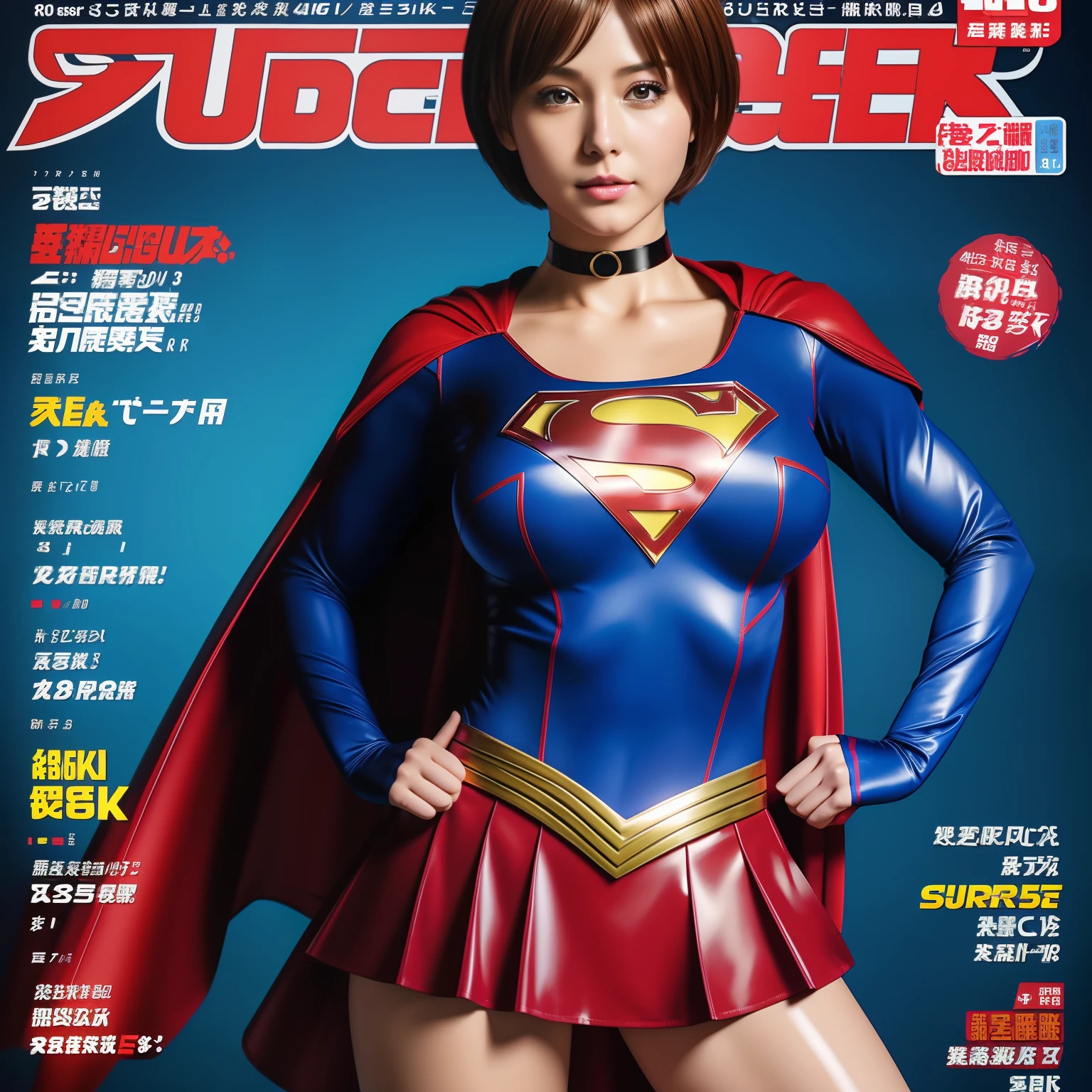 (Best Quality,4K,8K,hight resolution,masutepiece:1.2),Ultra-detailed,Realistic:1.37,Super masterpiece,Short-haired Supergirl、large full breasts、Looking at the camera、Glossy costume、a choker、Too short miniskirt、Weekly magazine cover、Powerful Pose、