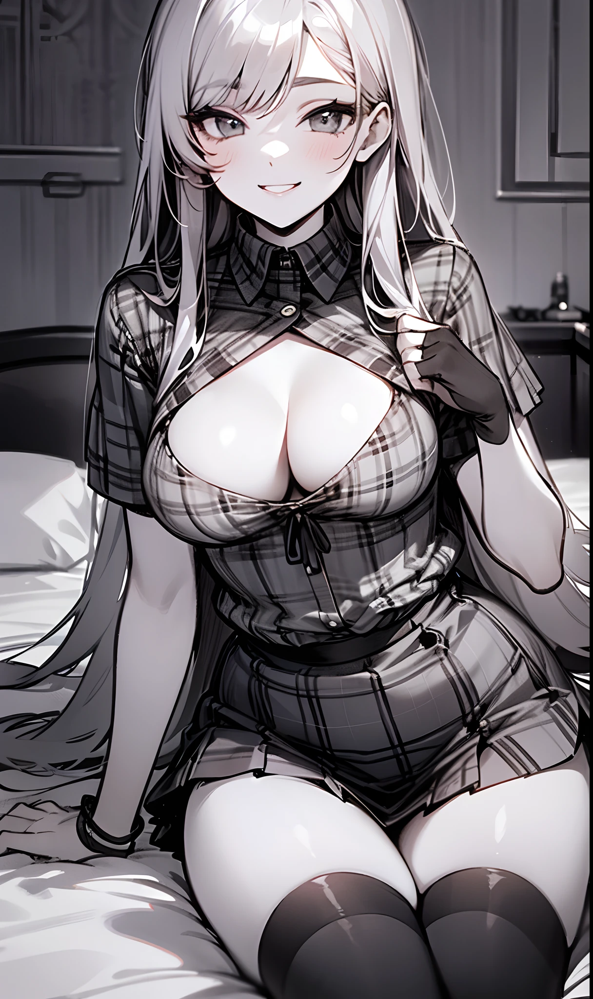 girl、(Silver Straight Long Hair, Long silver straight hair extends to the waist),(Gray eyes),(Shining gray eyes),(Twin-tailed),(Big breasts:1.1),(Her cleavage:1.1),(Constricted waist),(Short sleeve blouse),(High waist tartan check skirt),(Black stockings),(Mischievous smile),(Sitting on the bed in the bedroom),(Dim bedroom background),(Portrait),(Vivid colors),(Warm lighting)