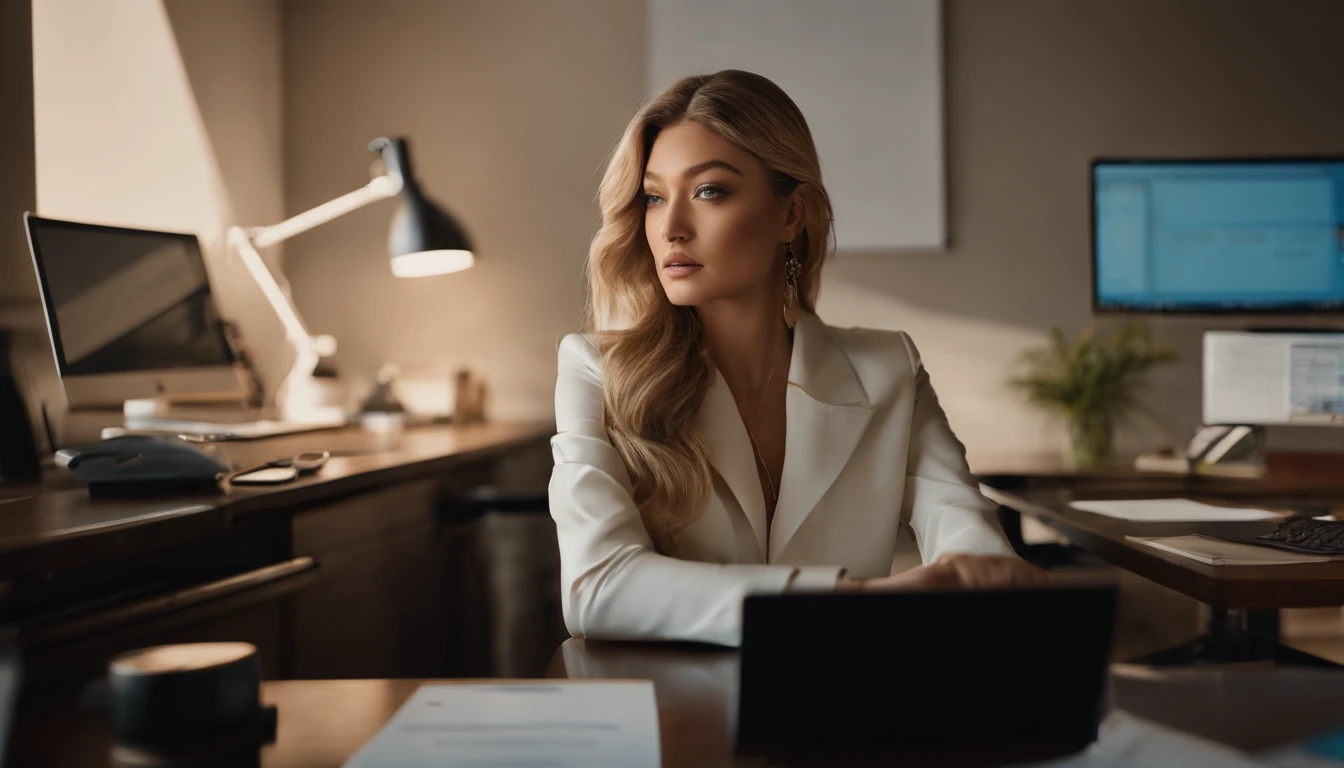 portrait of Gigi Hadid, sitting at a desk with a computer and papers on it, professional image, professional picture, high quality portrait, photo portrait, an epic non - binary model, professional portrait, photo still, color portrait, creative coder with a computer, cinematic lens , photography , looking at viewer , show full body