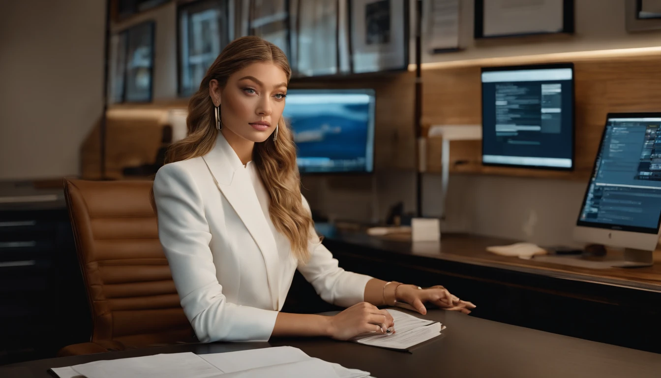 portrait of Gigi Hadid, sitting at a desk with a computer and papers on it, professional image, professional picture, high quality portrait, photo portrait, an epic non - binary model, professional portrait, photo still, color portrait, creative coder with a computer, cinematic lens , photography , looking at viewer , show full body