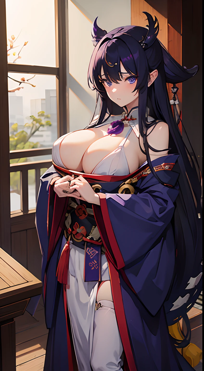 dark blue long hair，Purple pupils，huge tit，shrine maiden clothe，A look of disgust