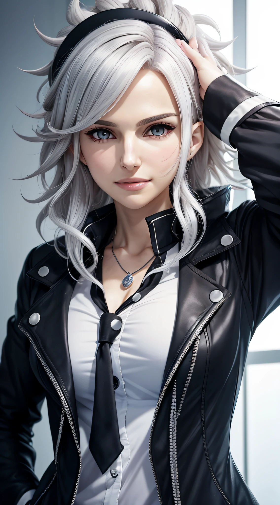 a close up head portrait of a person with white hair,natalie portman,centered,fornt view,looking at camera,wonderful eyelids,fine pupils,smiling, inspired by Okumura Togyu, she has dark grey hairs, a silver haired mad,anime girl with blue eyes, inspired by Okumura Masanobu, young anime woman, female anime character, nagito komaeda from danganronpa