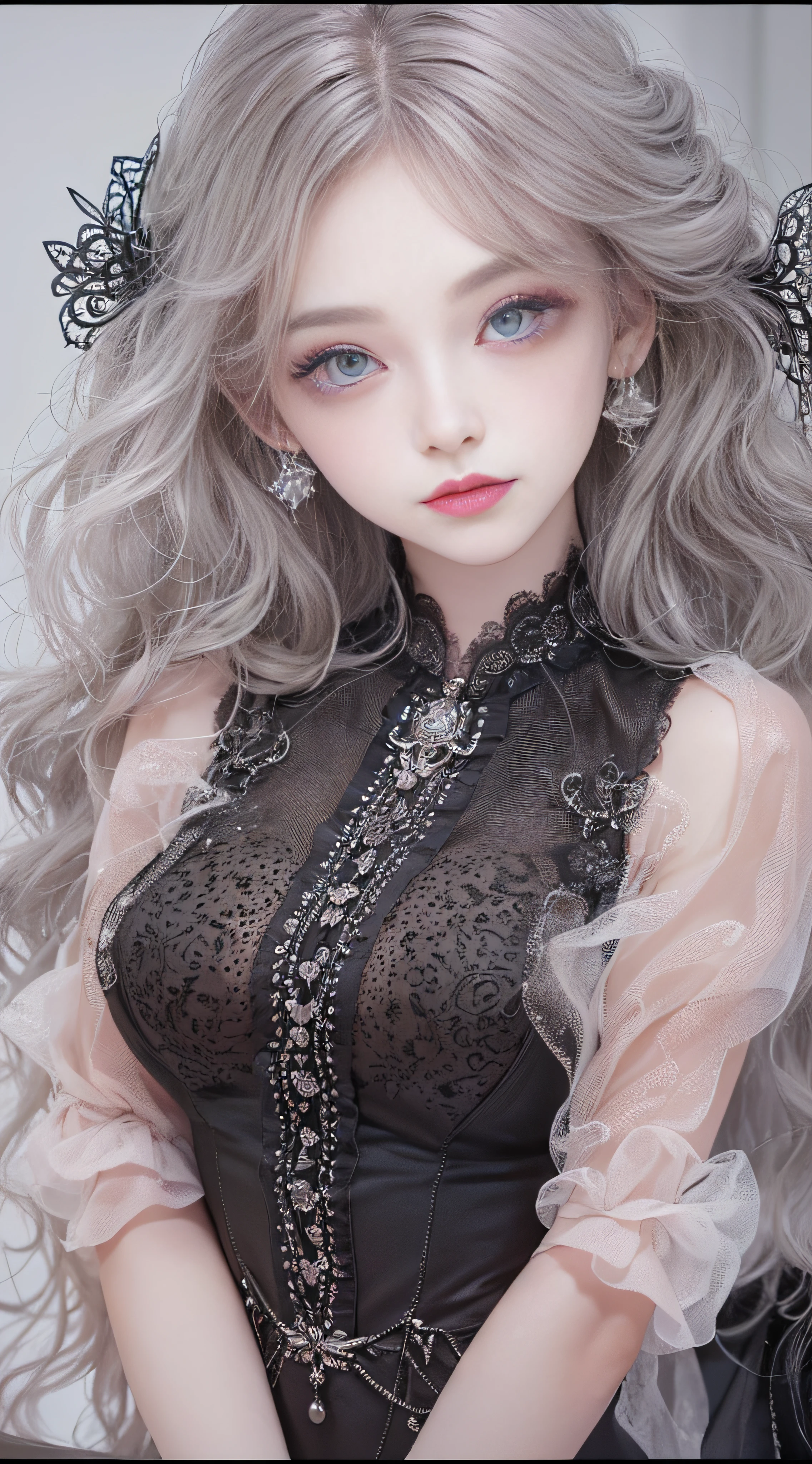 1 female, 14 years old, accurate anatomy (beautiful grey eyes, very large slitted eyes, delicate, lonely, beautiful eyes, jewel-like eyes, shining eyes, very long eyelashes, thin nose, small mouth, thin lips, slightly long neck, slightly thin shoulders, slightly thin arms, slightly thin legs), accurate pose (looking at us), accurate Make-up (natural, natural make-up, light brown eyeshadow, light pink blush, light pink lipstick), accurate skin (very clear white, perfectly smooth), accurate hair (bright, clean silver hair, long hair curled vertically), accurate costume (black dress with frills and lace, Gothic taste, Rococo taste), exact lighting (dim low light, oblique light) photographic equipment (SLR, single focus lens), settings (f/1.8, S400, ISO 100), exact background (black), exact full body shot, very high quality picture,