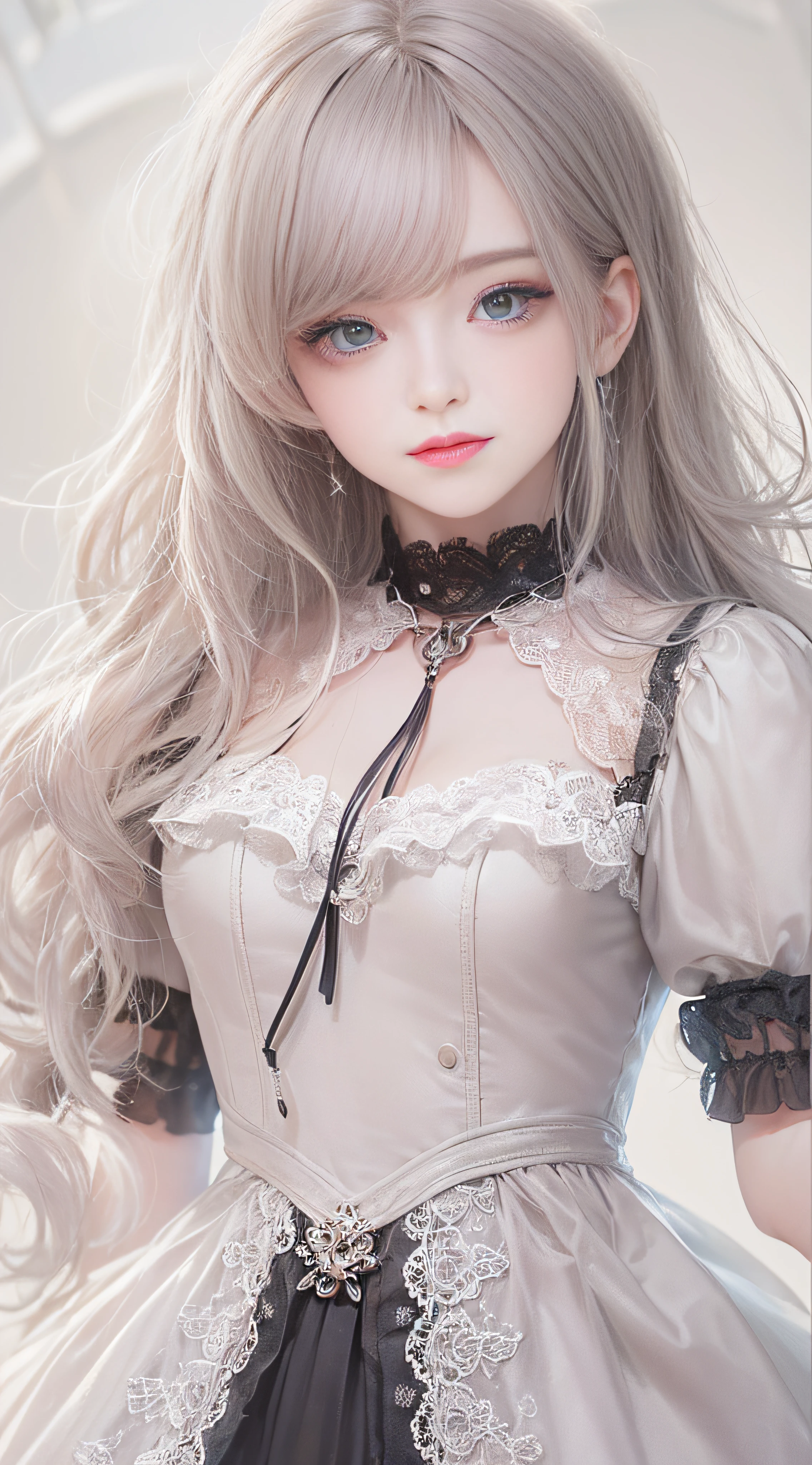 1 female, 14 years old, accurate anatomy (beautiful grey eyes, very large slitted eyes, delicate, lonely, beautiful eyes, jewel-like eyes, shining eyes, very long eyelashes, thin nose, small mouth, thin lips, slightly long neck, slightly thin shoulders, slightly thin arms, slightly thin legs), accurate pose (looking at us), accurate Make-up (natural, natural make-up, light brown eyeshadow, light pink blush, light pink lipstick), accurate skin (very clear white, perfectly smooth), accurate hair (bright, clean silver hair, long hair curled vertically), accurate costume (black dress with frills and lace, Gothic taste, Rococo taste), exact lighting (dim low light, oblique light) photographic equipment (SLR, single focus lens), settings (f/1.8, S400, ISO 100), exact background (black), exact full body shot, very high quality picture,