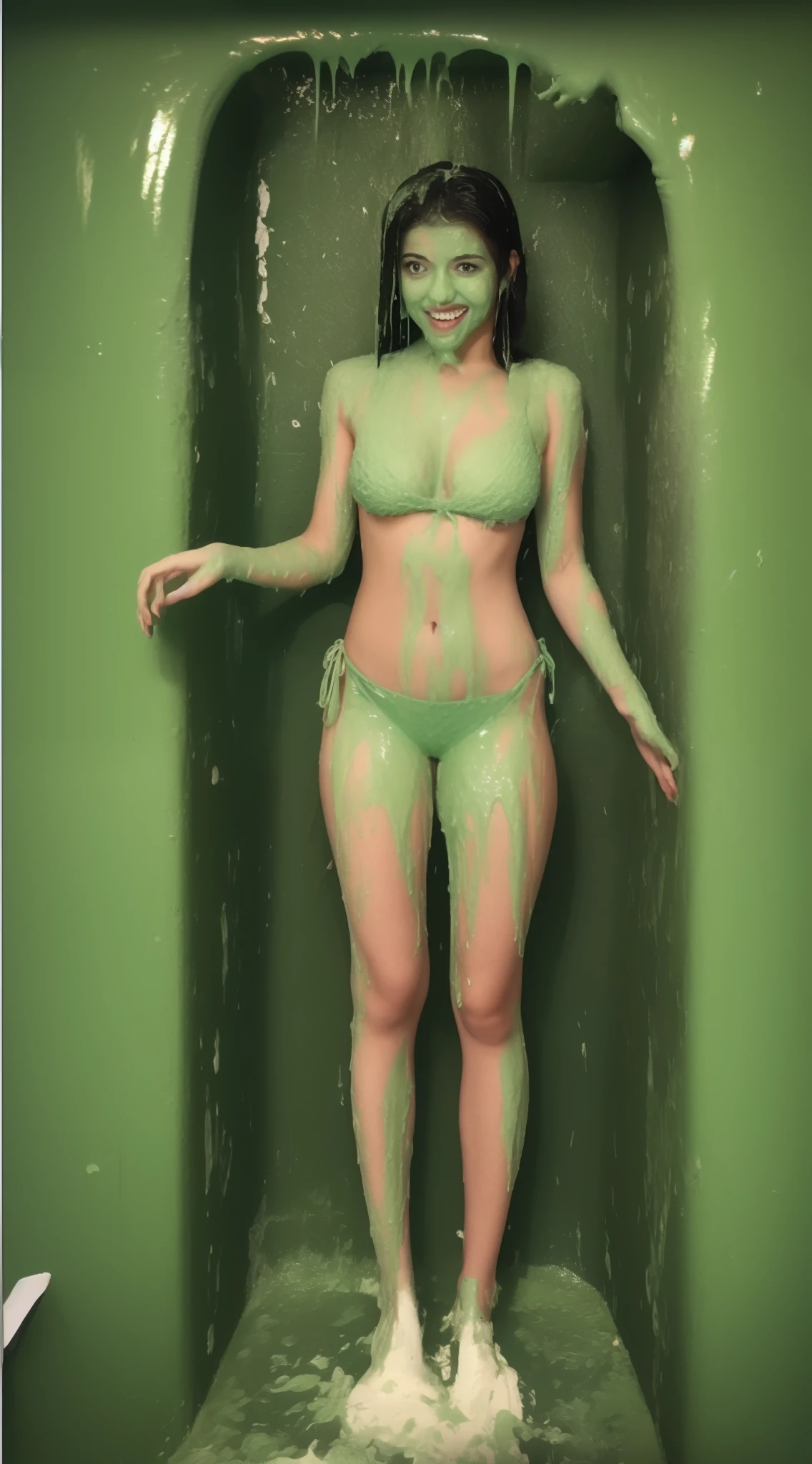(surreal), (illustration), (high resolution), (8K), (very detailed), (best illustration), (smart short black hair), (beautiful and detailed black eyes), (best quality), (super detailed), (masterpiece), (wallpaper), (detailed face), solo, (dynamic pose), 1 female, (Japanese girl), open legs, insertion, transparent sludge, bathroom shower, tummy down, green sludge, open legs, lower body closeup, glowing skin, slim, Model, Finger insertion into, Massage, Firm elastic medium breasts, Round plump elastic buttocks, sheer, moaning, enjoyment, looking at the audience, (no bra), (), , show off, green sludge on hair and skin, Shocked Asian woman covered in green sludge, green sludge dripping, greenish liquid, green slime, green sludge everywhere, character is covered in liquid, sludge, dripping goo, oozing wet and slimy, beautiful green liquid, expressing humiliation