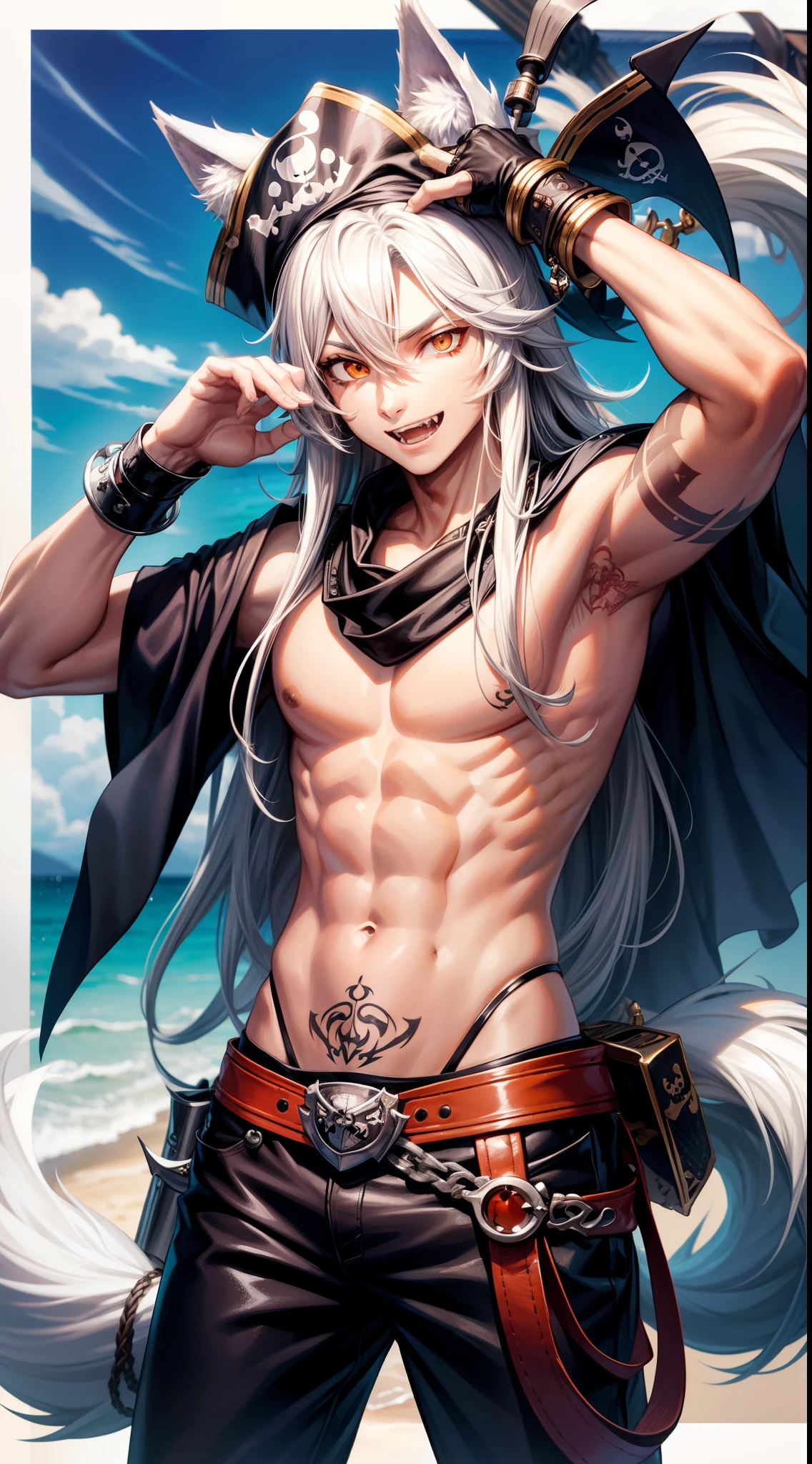 Young man, Long silver hair, Orange Eyes, wolf ears, wolf tail, ssmile, fangs, open torso, Tatoo, Pirate Hat, pirate pants, anchor, 4k, HD, Good detail