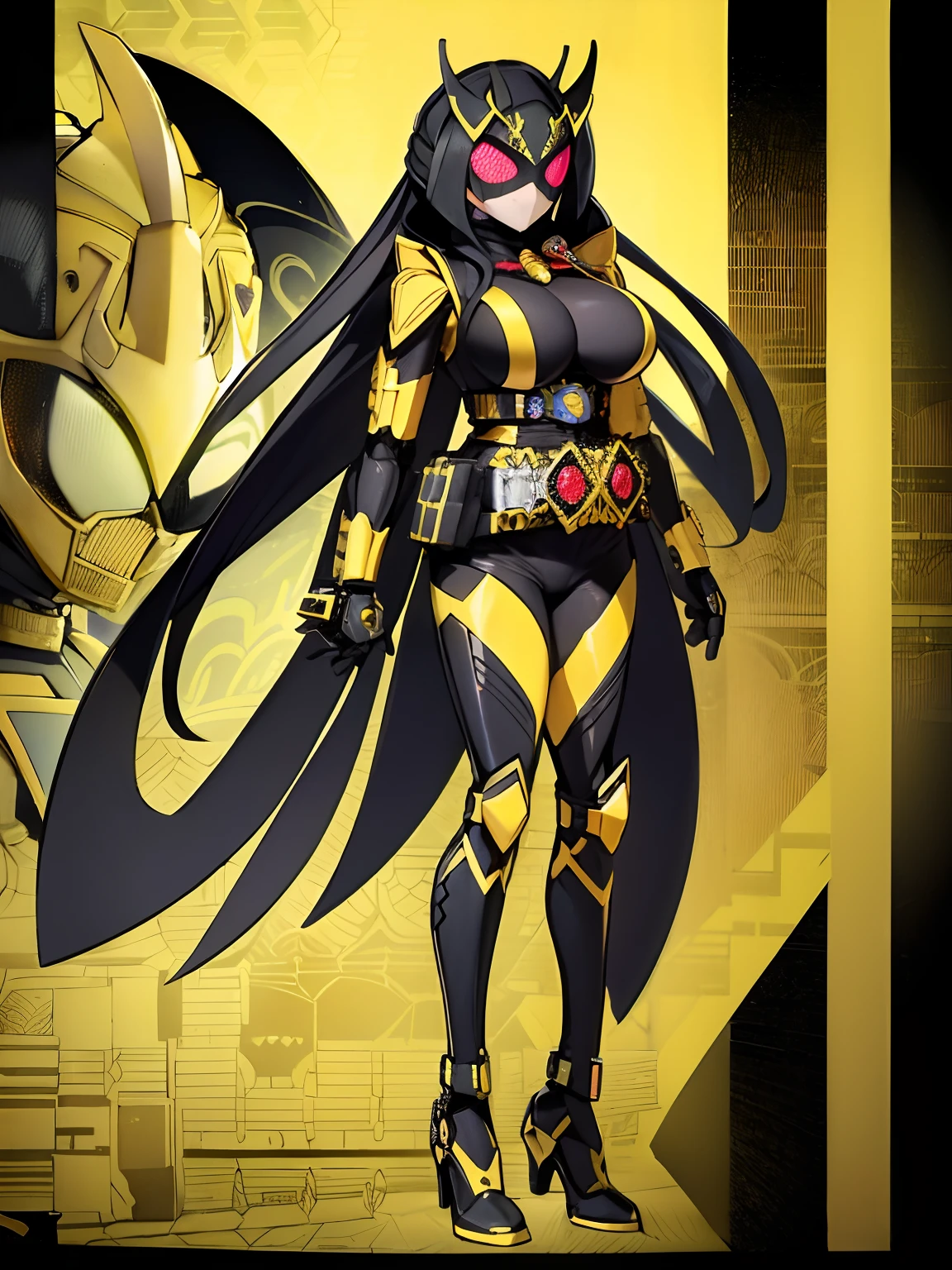 (Obra maestra, Excelente calidad, Super detailed, High resolution), (((Kamen Rider Himesama))), (((Mecanizado, Bee theme, Visible belt, full mask, negro y dorado,))), (Body Details), (Ella tiene el pelo largo y verde, dark skin. pechos grandes, delgado), (Postura de pie),Mirando hacia abajo, Detalles, (((cuerpo completo)), full mask,