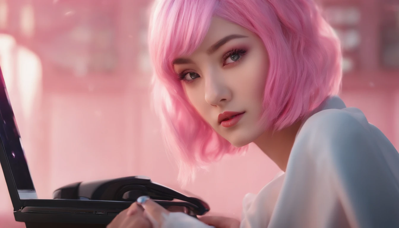 there is a woman with pink hair sitting in front of a computer, a colorized photo inspired by Yanjun Cheng, trending on cg society, digital art, cute girl with short pink hair, with pink hair, short pink hair, pink short hair, flowing pink hair, pink hair, belle delphine, pink face, pink girl, light pink hair