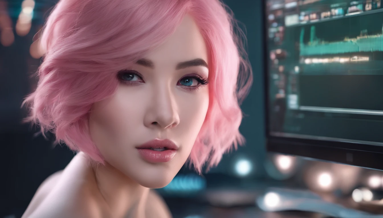 there is a woman with pink hair sitting in front of a computer, a colorized photo inspired by Yanjun Cheng, trending on cg society, digital art, cute girl with short pink hair, with pink hair, short pink hair, pink short hair, flowing pink hair, pink hair, belle delphine, pink face, pink girl, light pink hair