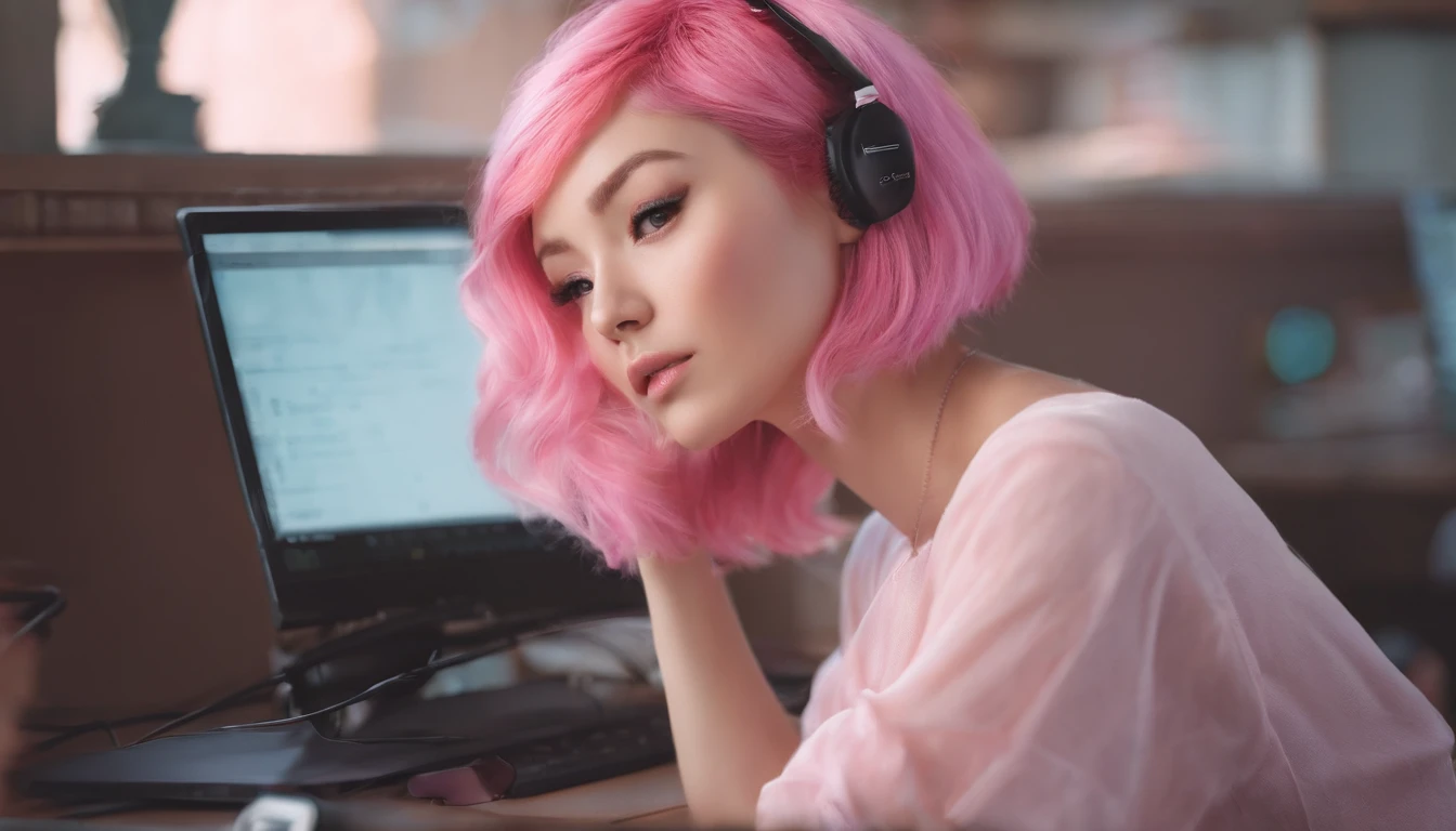 there is a woman with pink hair sitting in front of a computer, a colorized photo inspired by Yanjun Cheng, trending on cg society, digital art, cute girl with short pink hair, with pink hair, short pink hair, pink short hair, flowing pink hair, pink hair, belle delphine, pink face, pink girl, light pink hair