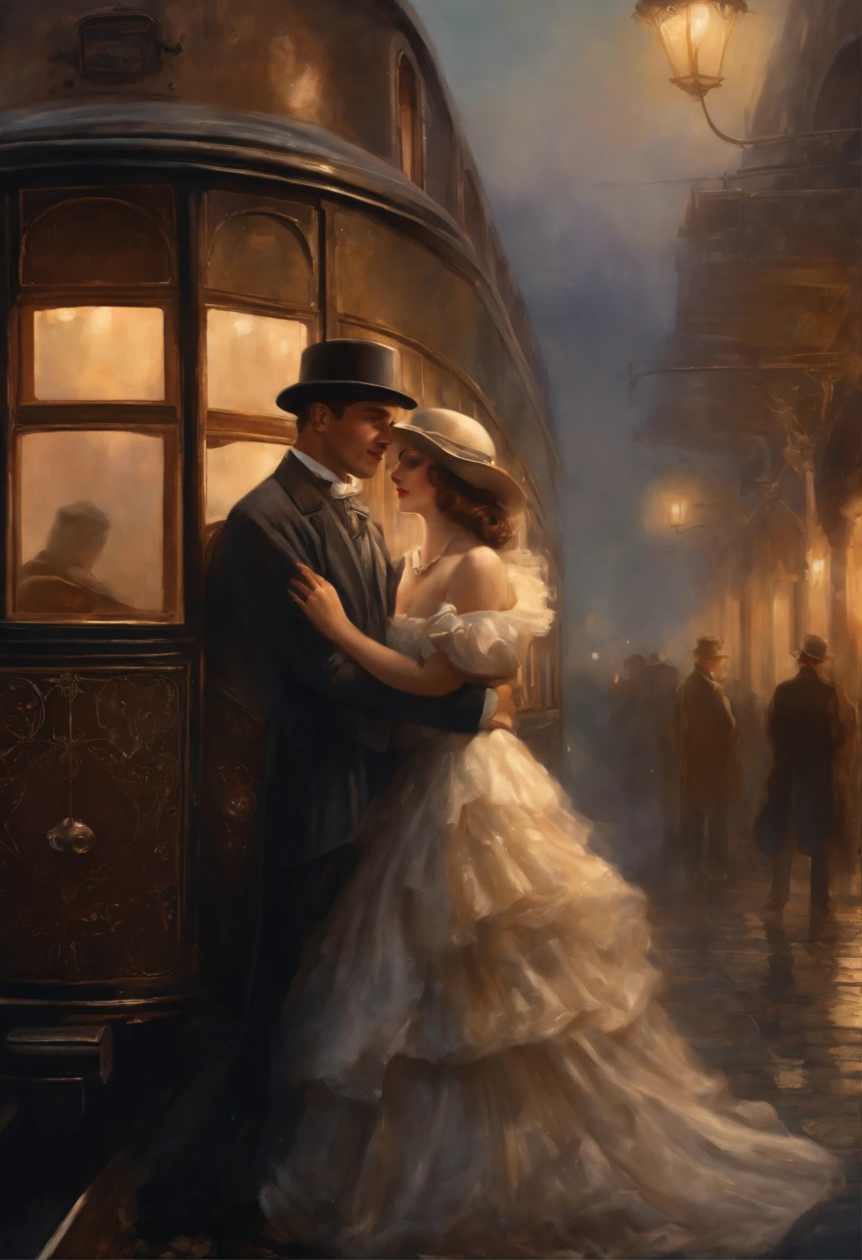 a beautiful young lady with hat is speaking and saying goodbye to his husband , crying, 1920s, people wear 1920s cloth elaborated steampunk shiny train, in old village station, Watercolor and metallic touches, beautiful and powerful, with iridescent blue and orange glitter . Between disco lights., detailed background, twilight, fogy environment, extreme long shot, rainy night, wet ground