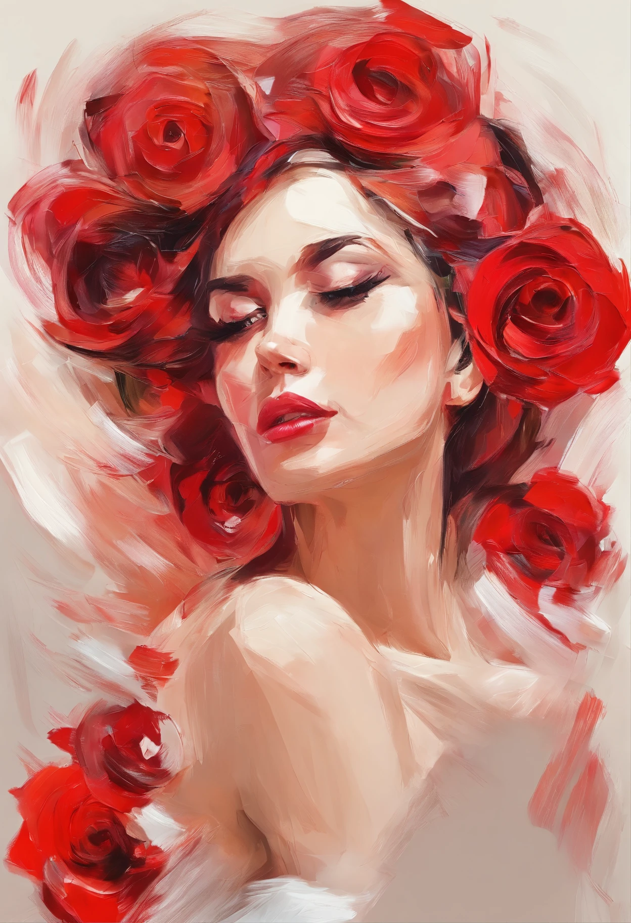 A impasto oil painting of woman, profile , bare shoulder,view by side, wearing a red rose on her hair near her ear, white background, closed up, hyper realistic oil painting. masterpiece art work.