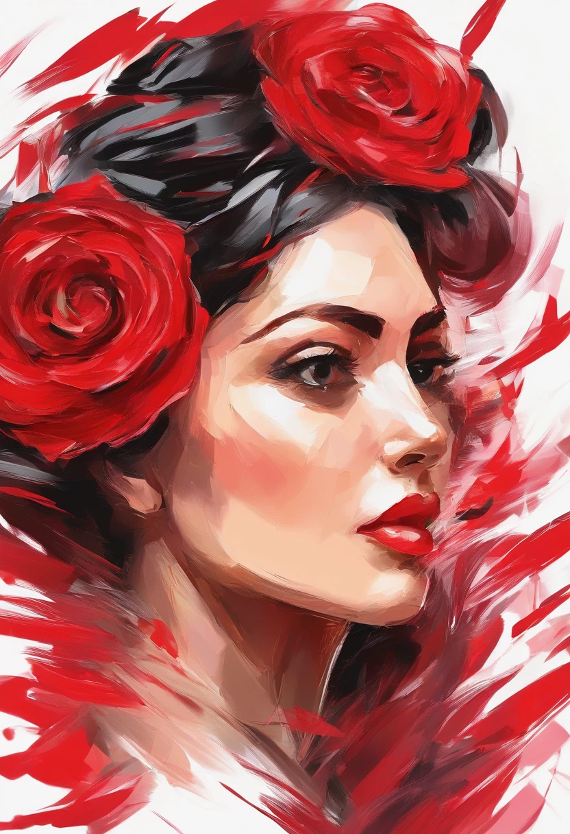 A impasto oil painting of woman, profile , view by side, wearing a red rose on her hair near her ear, white background, closed up, hyper realistic oil painting. masterpiece art work.