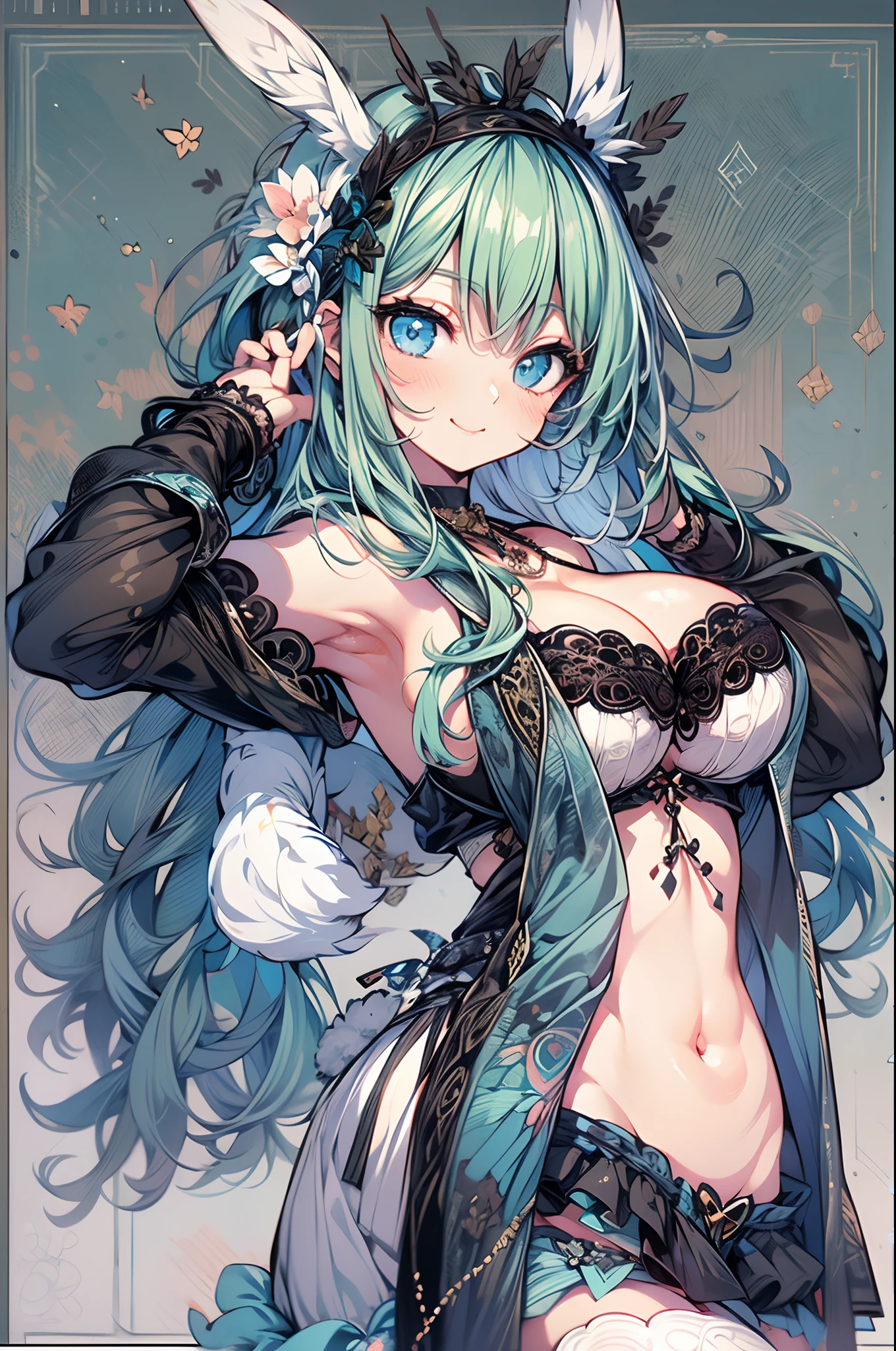 (masterpiece, best quality, supeior quality, intricate details, beautiful, aesthetic:1.2), high quality, 8k, RAW, ultra details, extremely dellicate and beautiful, real shadow, (dark colors:1) (challenging look), (dinamic pose:1.8), photorealistic, highly detailed painting, award winning painting, marvelous painting, artistic style, stylized, 1girl, anime style, blue eyes, cute smile, solo, curly long hair, green hair, breasts, cotton shimapan, blue and white shimapan, (((cutesy pose))), choker, Bunny Ears Headband, black bra, (massive breasts, cleavage:1.5) looking at viewer, black thigh highs, black choker, bare shoulders, sleeves,