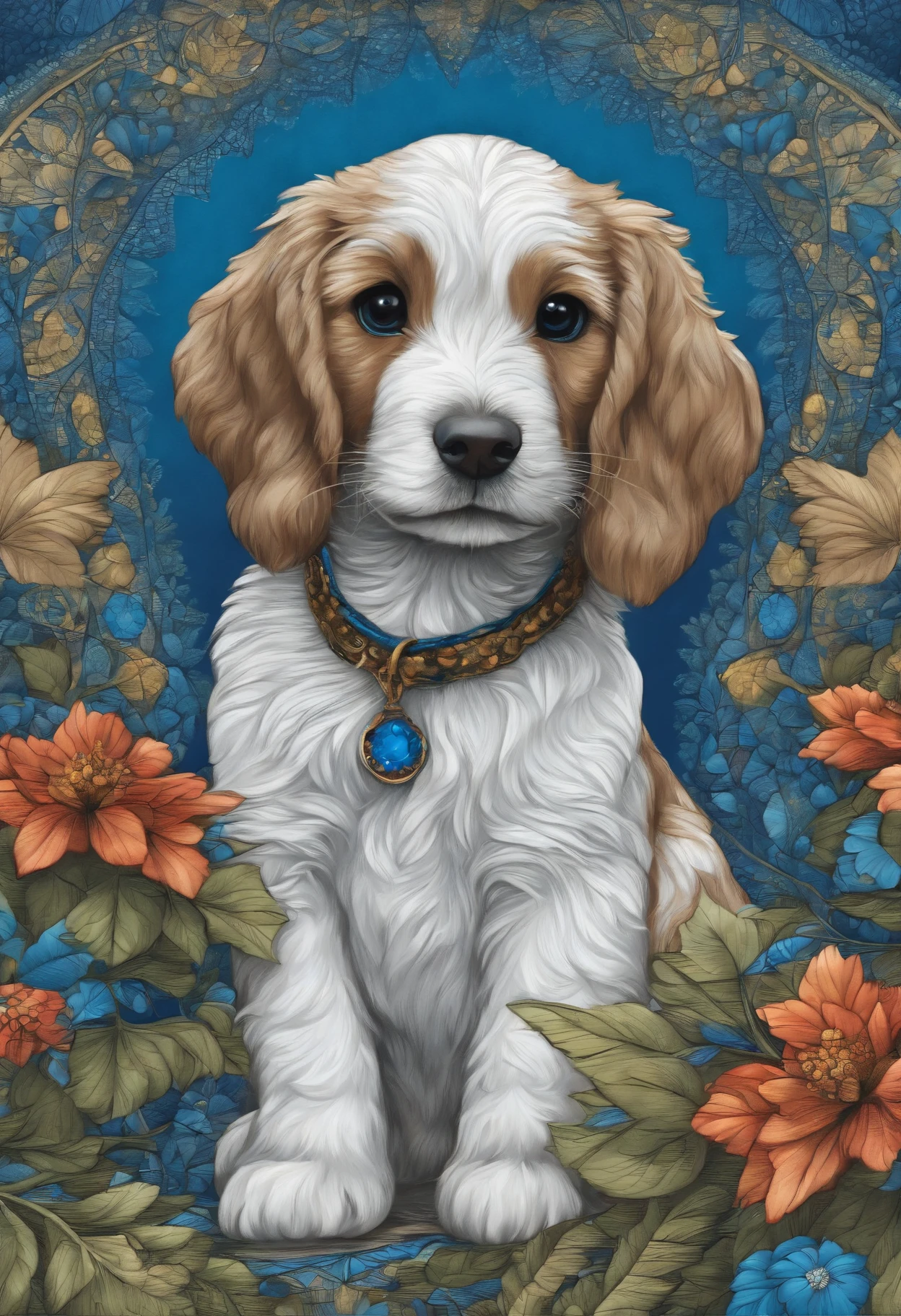 (1 cute puppy、独奏、From Side)、ighly detailed、(Abstract background、Zentangle、Fractal Art:1.5)、(Blue theme、colourfull:1.1)、(foliages、blue flower:1.3)、dynamicposes、