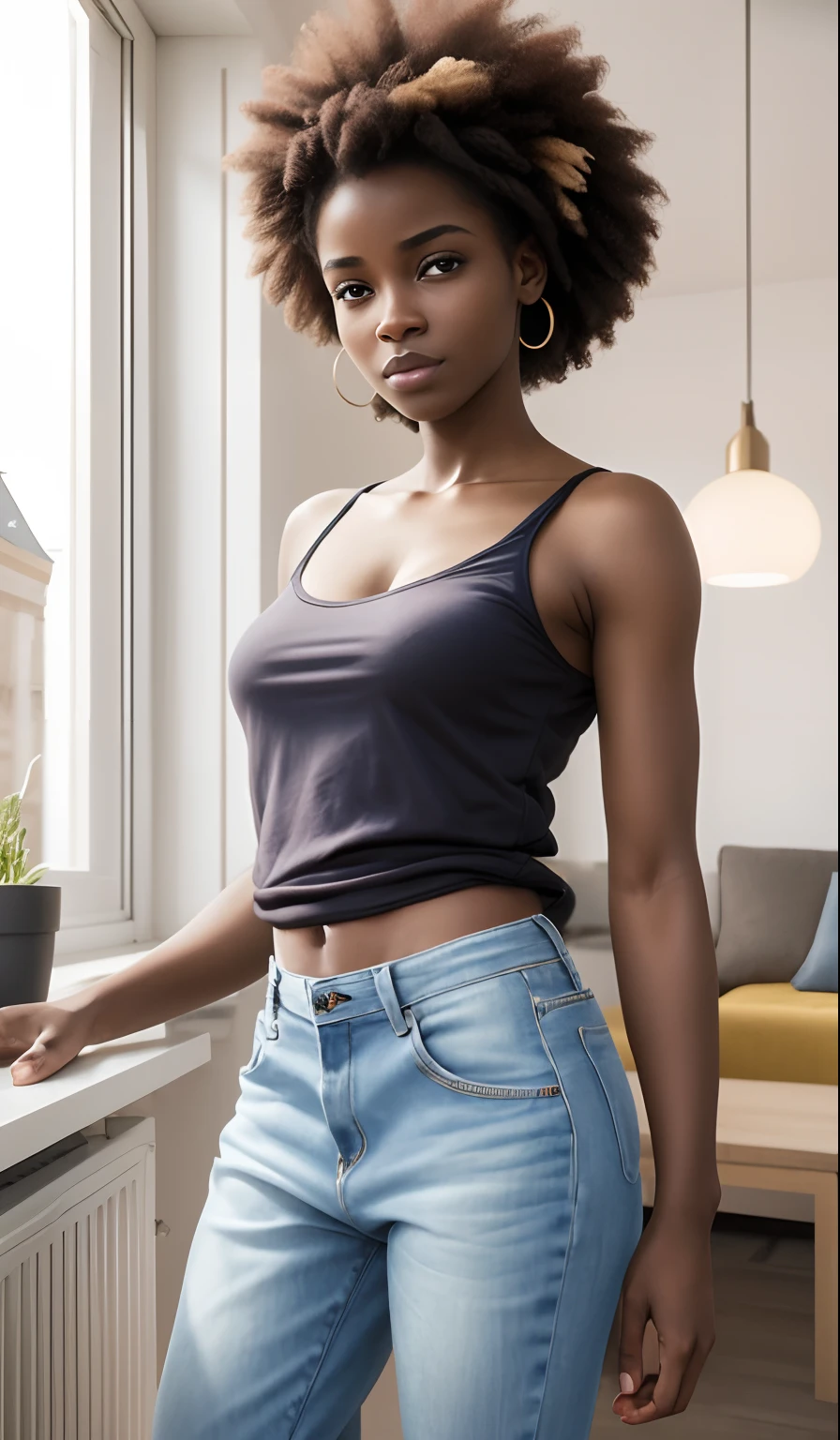Ultra realistic photo, femme brune 19ans , cheveux afro, in a realistic apartment , HDR Quality , dressed in shorty and small top, souriante et coquine , A little wink, ((Wink)) Ultra real photo quality with focus --auto