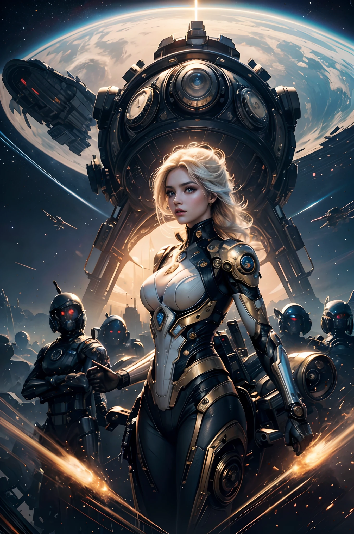 arafed image of a woman in a bikini with a robot in the background, les edwards poster art, npc with a saint's halo, as the goddess of the sun, trending on artforum, ornate galactic gold, cyberwars, john stephens, bluray image, from star wars (1977), cyber implants --ar 16:9 --v 5.1