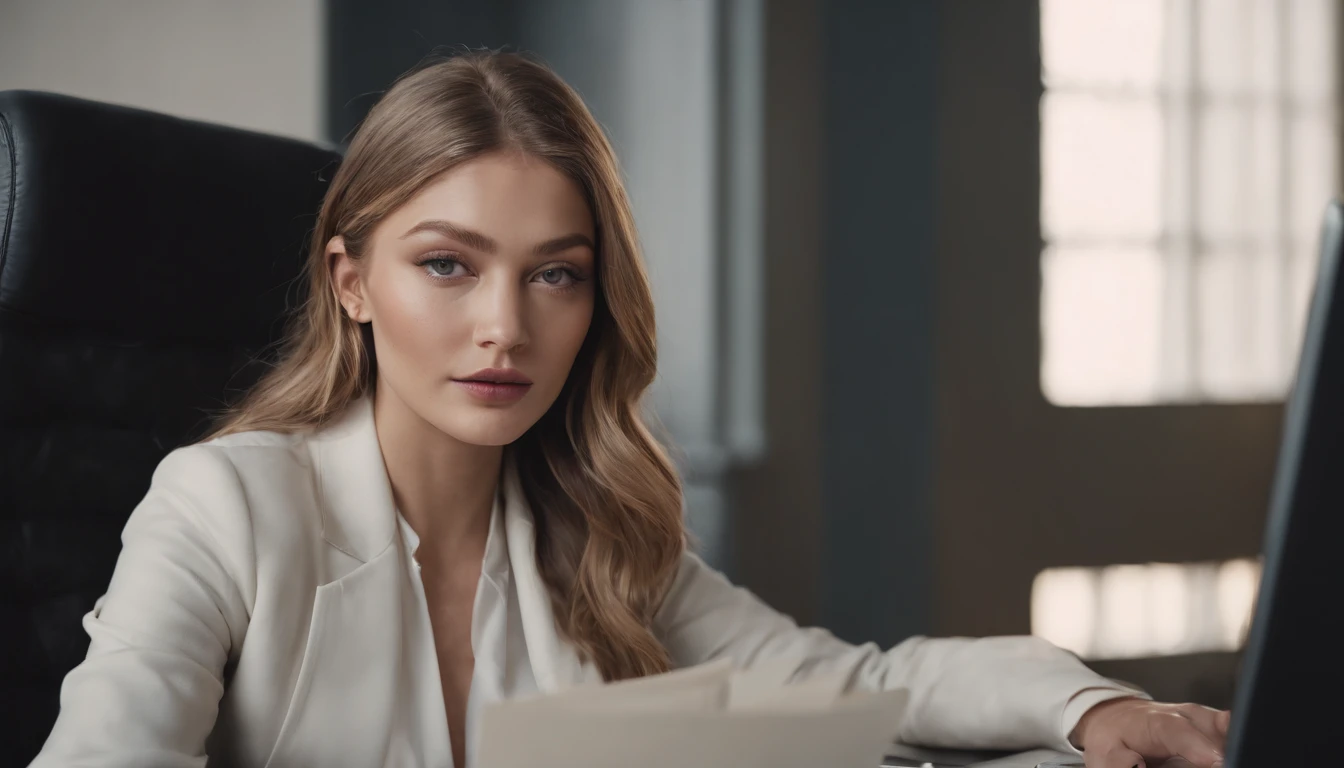 portrait of Gigi Hadid, sitting at a desk with a computer and papers on it, professional image, professional picture, high quality portrait, photo portrait, an epic non - binary model, professional portrait, photo still, color portrait, creative coder with a computer, cinematic lens , photography , looking at viewer ,