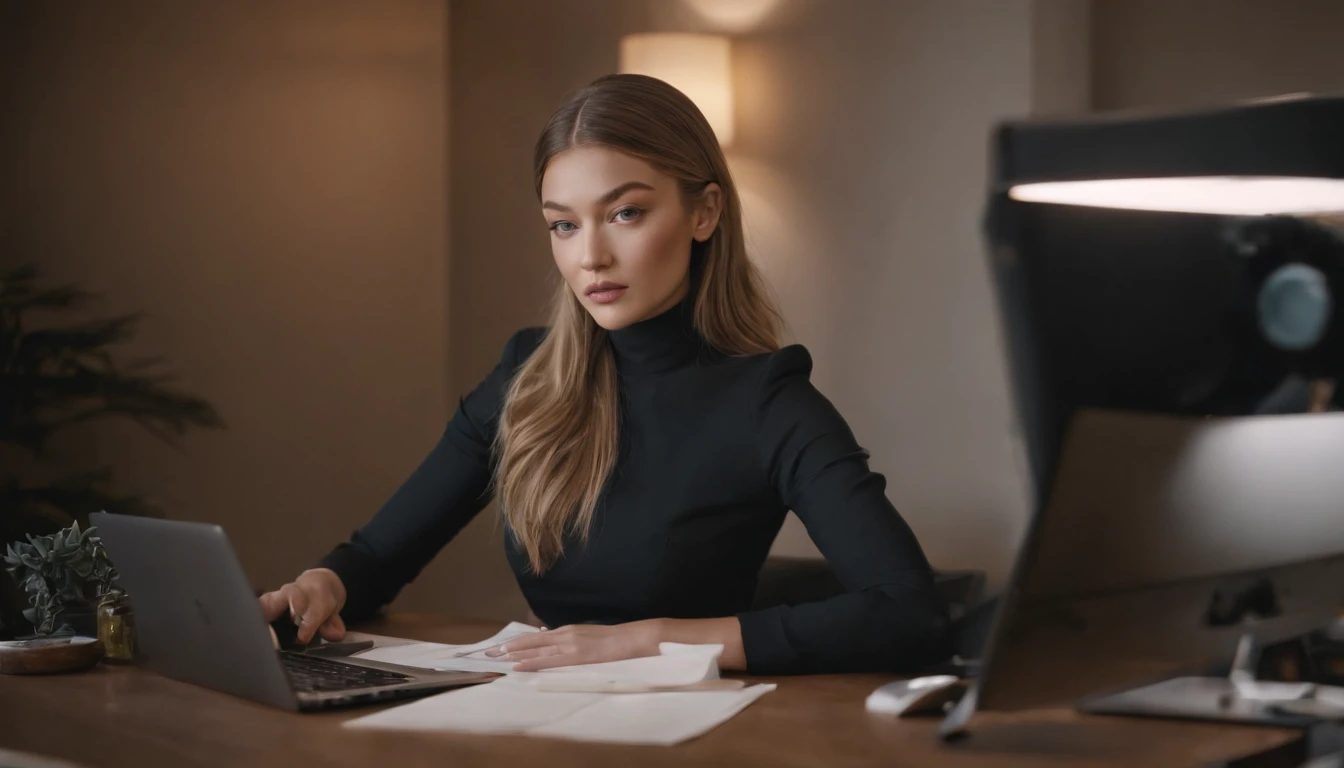 portrait of Gigi Hadid, sitting at a desk with a computer and papers on it, professional image, professional picture, high quality portrait, photo portrait, an epic non - binary model, professional portrait, photo still, color portrait, creative coder with a computer, cinematic lens , photography , looking at viewer ,