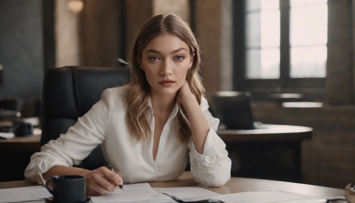 portrait of Gigi Hadid, sitting at a desk with a computer and papers on it, professional image, professional picture, high quality portrait, photo portrait, an epic non - binary model, professional portrait, photo still, color portrait, creative coder with a computer, cinematic lens , photography , looking at viewer ,