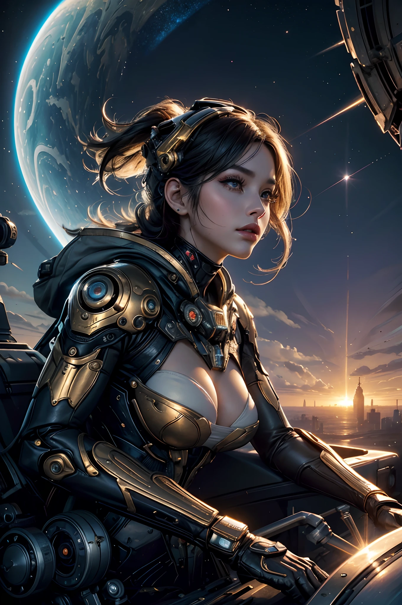 realistic visual effects,attractive beautiful,dramatic contrast,Gentle lighting,Delicate warmth,the soft light,hyper HD, Extremely colorful,best qualityer,perfect female shape,HighDynamicRange,long eyelasher,Unbeatable masterpiece,putting makeup on, Sexy goddess,Large metal mechanical gears,Strange sky,8K high quality,A pair of big eyes are beautiful and moving,White skin,Makeup,Sexy outfit,Gold medal in this round,Gold Warframe,Spaceship,Mechanical pets, 【Background with】Large gold gear,Doomsday ruins,Giant tornado,The setting sun burns the clouds,Multiple planets,The end of the world,Multiple planets,Space-time tunnel,Space battleships,Mards,,Jupiter,Lightning Thunder, Mercury,Strange sky,Giant tornado,Blue light,salama,Large flying machines,Cool car,Time Tunnel,nuclear power plant,Futuristic car,Tornado。