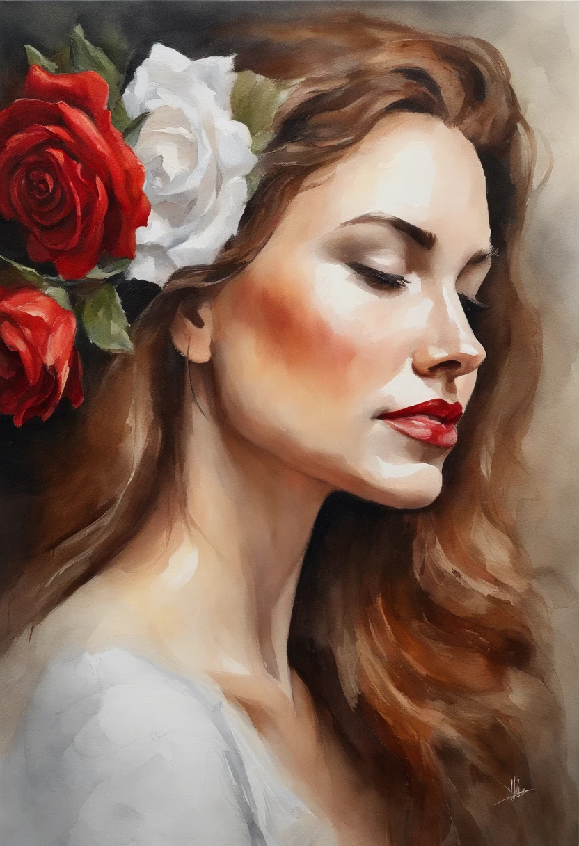 A impasto oil painting of woman, profile , view by side, wearing a red rose on her hair near her ear, white background, closed up, hyper realistic oil painting. masterpiece art work.