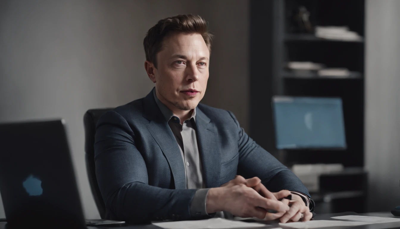portrait of elon musk , sitting at a desk with a computer and papers on it, professional image, professional picture, high quality portrait, photo portrait, an epic non - binary model, professional portrait, photo still, color portrait, creative coder with a computer, cinematic lens , photography , looking at viewer