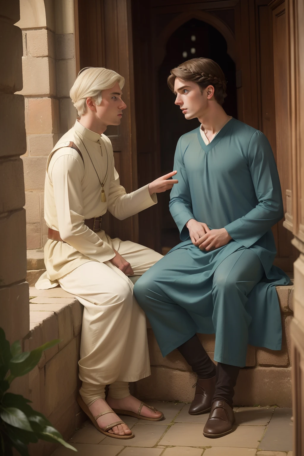 Year: 11th century. Location: Tettenhall, England. Pre-raphaelite scene with a 19-year-old english man, ((trying to persuade)) ((pleading)) an older white haired jew doctor to make him his apprentice, doctors office, ((((11th century plain dull tunic)))) ((11th century hairstyle)), (((cinematic style)))