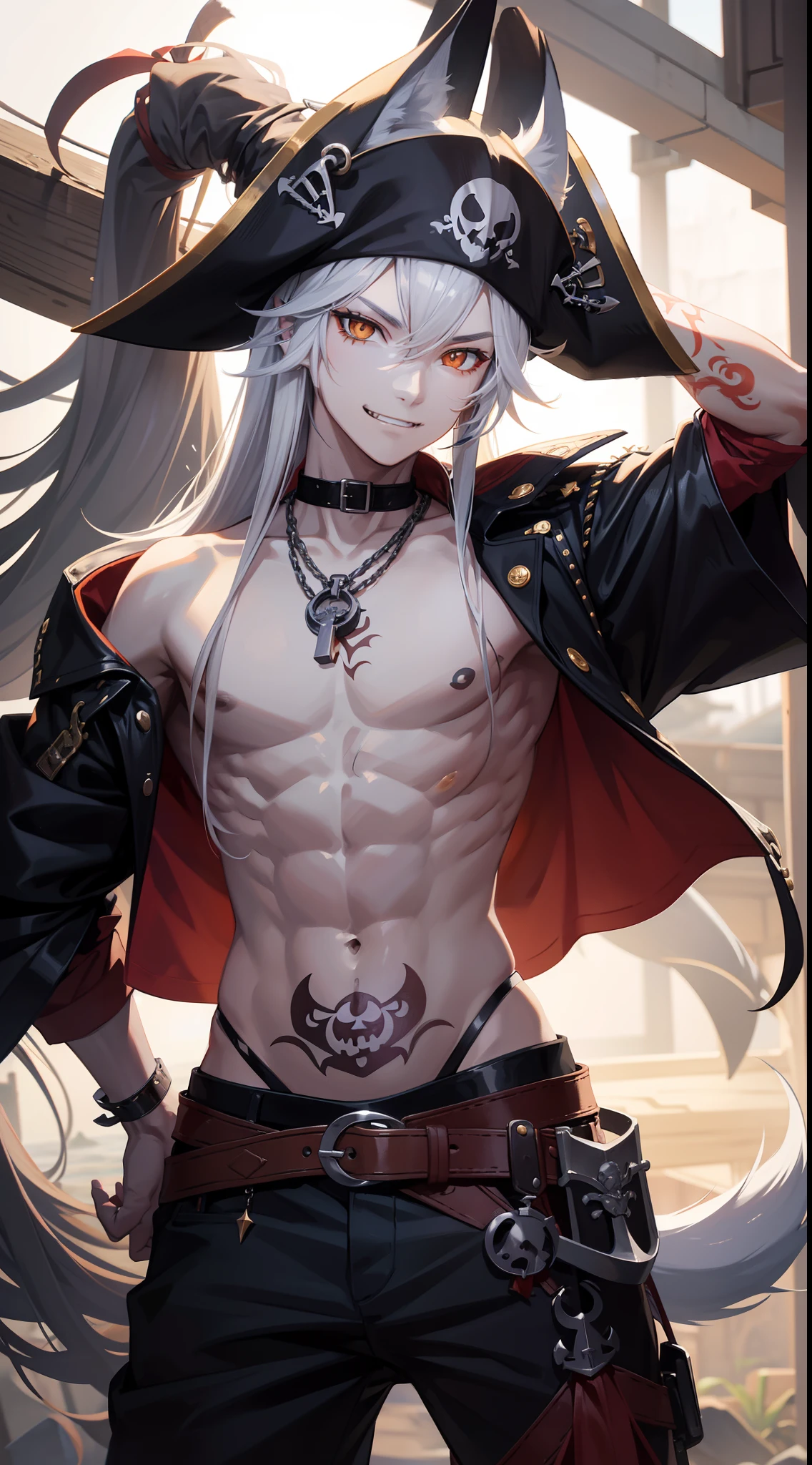 Young man, Long silver hair, Orange Eyes, wolf ears, wolf tail, ssmile, fangs, open torso, Tatoo, Pirate Hat, pirate pants, anchor, 4k, HD, Good detail