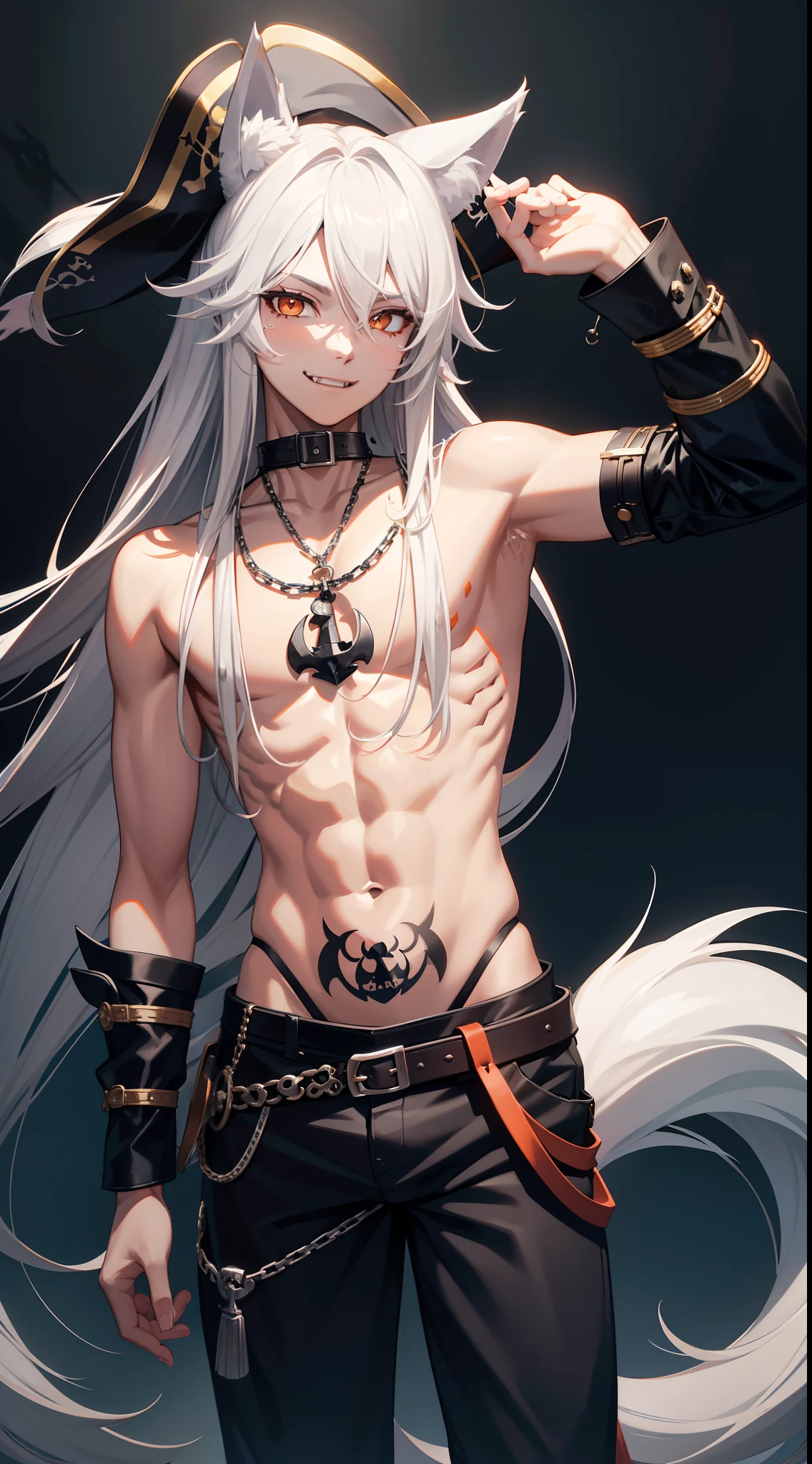 Young man, Long silver hair, Orange Eyes, wolf ears, wolf tail, ssmile, fangs, open torso, Tatoo, Pirate Hat, pirate pants, anchor, 4k, HD, Good detail
