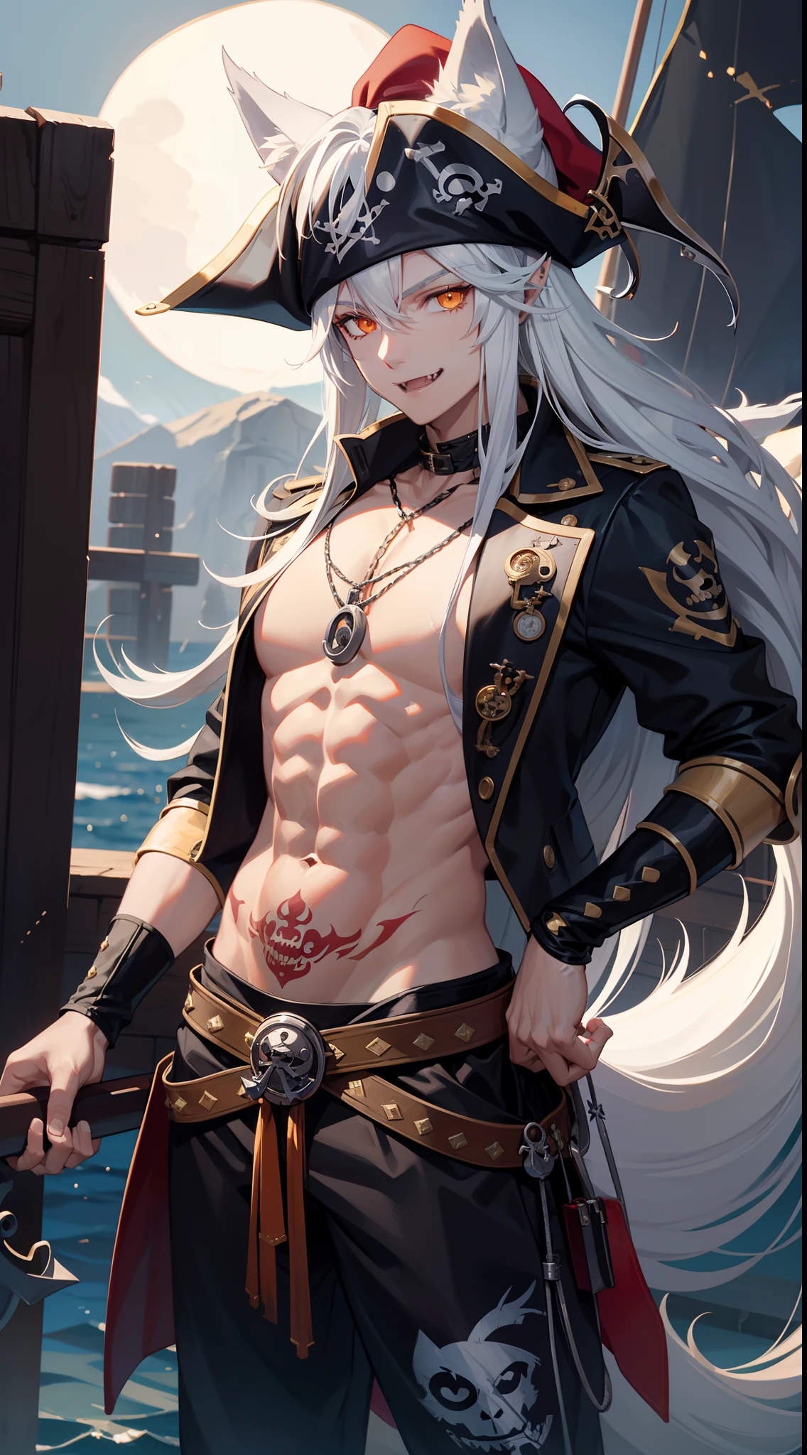 Young man, Long silver hair, Orange Eyes, wolf ears, wolf tail, ssmile, fangs, open torso, Tatoo, Pirate Hat, pirate pants, anchor, 4k, HD, Good detail