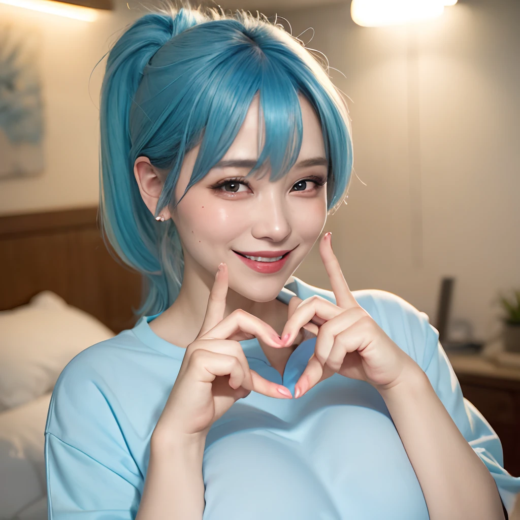 (heart hands, own hands together:1), mature female, huge breasts, oversized pastel shirt, smiling, bedroom, young adult, 20s, bangs, ponytail, skinny, close up, light blue hair