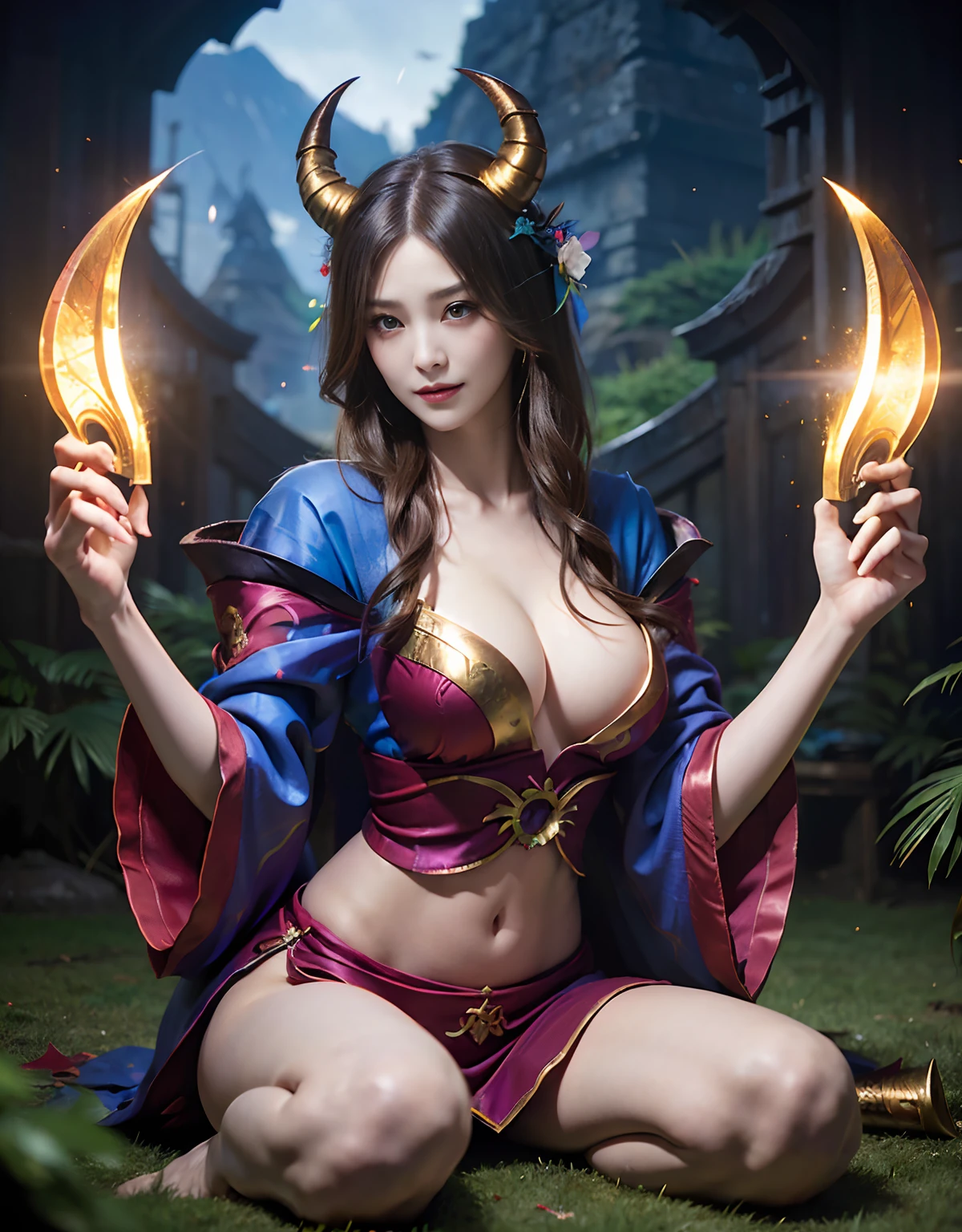 (((masutepiece,))),Professional , masterpiece、top-quality、photos realistic , depth of fields 、Raw photo、女の子1a person、glowy skin、(sexypose)、(Maple in full bloom),(Ultimate Beauty)、A dark-haired、Mystical expression、ultrasharp、(a temple background),()、(shrine background)、(Kimono with beautiful blue pattern)、(Night background)、Beautiful hair ornament on the head、,(intense fighting),((Precipitous cliffs)),(Wear a beautiful colorful kimono),(Wear a colorful and beautiful kimono)、(Japan Castle Background)、Jewel Gold Weapon、Particles of light),(intense fighting)、Gorgeous gold weapons ,Castle background、(( Gorgeous Dragon Sword)) , (a dark night),,(maikurobikini) 、((Black Haired Beautiful Girl))、(Castle background)、(demonic wings)、((Gangle's forest background))、Beautiful Caucasian beauty、1a person、dynamic ungle,(((Two devil's horns on the head)))、Smaller head、Idle Smile、Thin and beautiful female hands、Mystical expression、Light Effects、intense fighting、Wind-effect、magic circles、With the legendary magic wand、Dragon's tail、Anatomically correct fingers、Full Body Angle、Anatomically correct number of fingers、Full Body Angle、(cleavage of the breast)、