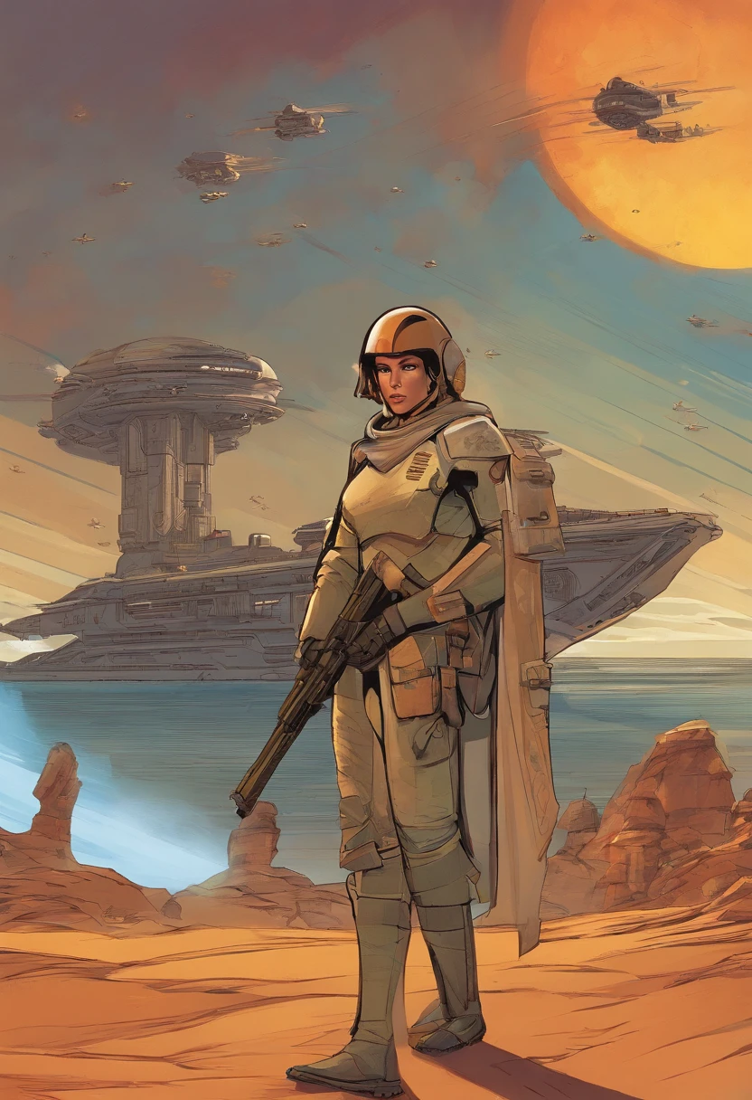 starship trooper, near the ship, close-up, ship in the background, planet Tatooine, concept art by Magalie Villeneuve, trending on cg society, antipodeans, reimagined by industrial light and magic, filmstill ""Star Wars"": The Old Republic", concept art by Ralph McQuarrie
