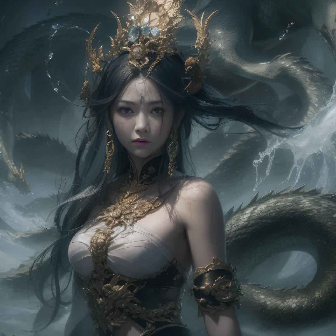 （（Storyboard:1.8, Hyper-realistic_layout））Water Goddess（best qualtiy，8K,Masterpiece）When the water god appears，gold mask，Dragon and tiger cane，Only heard, unseen。 That whistle echoed for a long time，It's like a prelude to impending death。 The image of the great evil man penetrates into the hearts of the people in advance，Become everyone's nightmare。 Wait until the water god appears，Wearing leather，Plus a baseball bat covered with wire，Full of oppression，The goddess of water is also careful to hide her kindness。 Because goodwill can become a weakness for survival，Hiding goodness is the way to survive in troubled times。 Zombies are not scary，Humans are terrible。The god of water succeeded，Both are for their own protection，It is also to protect companions。 good vs evil，Two sides of the seemingly opposite，But in the goddess of water, There are two sides to the same body。 Face the enemy，The water god is cruel，No mercy。 Face people who want to protect，The goddess of water is also gentle and loving。（Water goddess soldier head）Tattooed with，Smoke billowed out，thin fog，Moonsnow，Flowing black hair，Flowing black hair，Flowing black hair，Flowing black hair，Flowing black hair，Flowing black hair，Flowing black hair，Flowing black hair，Flowing black hair，Flowing black hair，