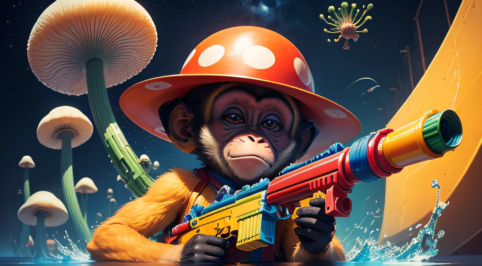 Monkey with a iconic supersoaker shooting water, inspiring, golden ratio, fibbonacci, masterpiece, mushroom, psychedelic, universe, artwork, mysterious