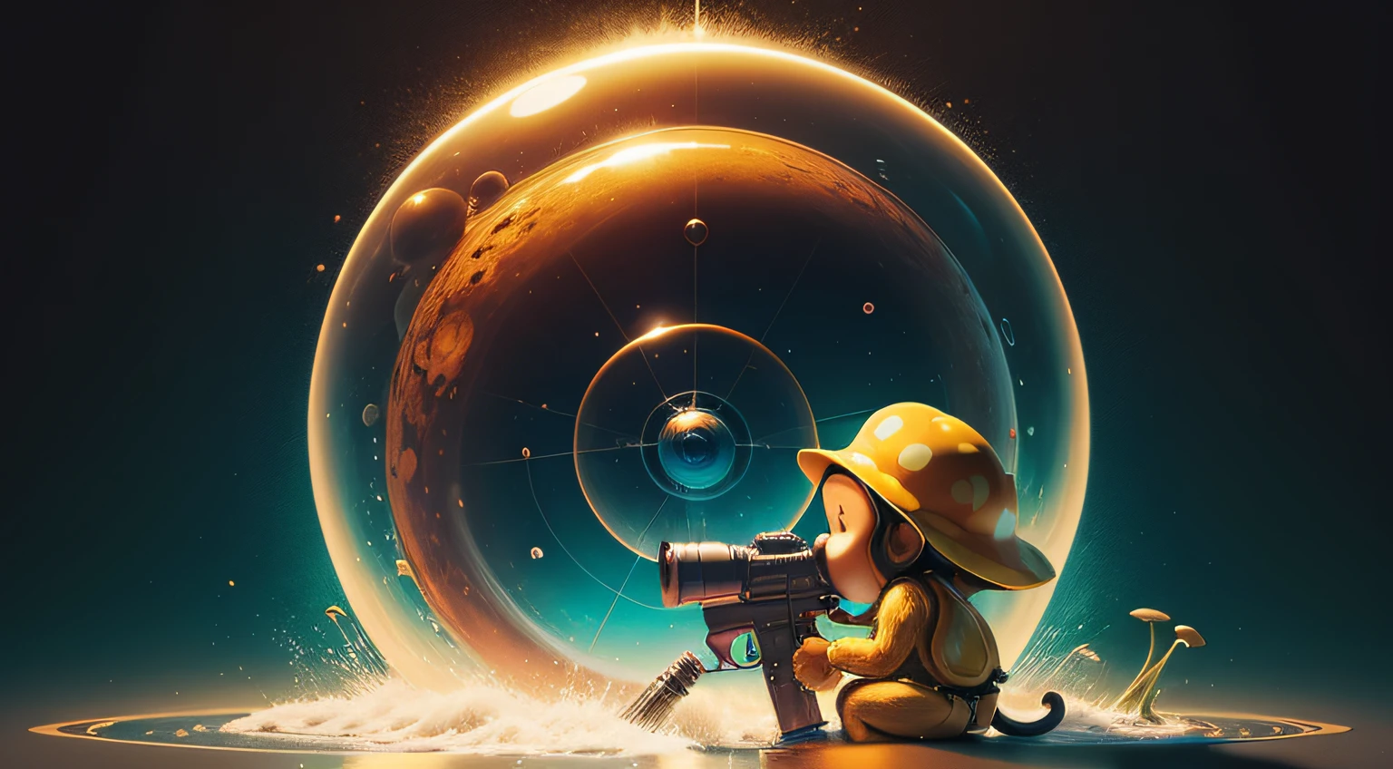 Monkey with a iconic supersoaker shooting water, inspiring, golden ratio, fibbonacci, masterpiece, mushroom, psychedelic, universe, artwork, mysterious