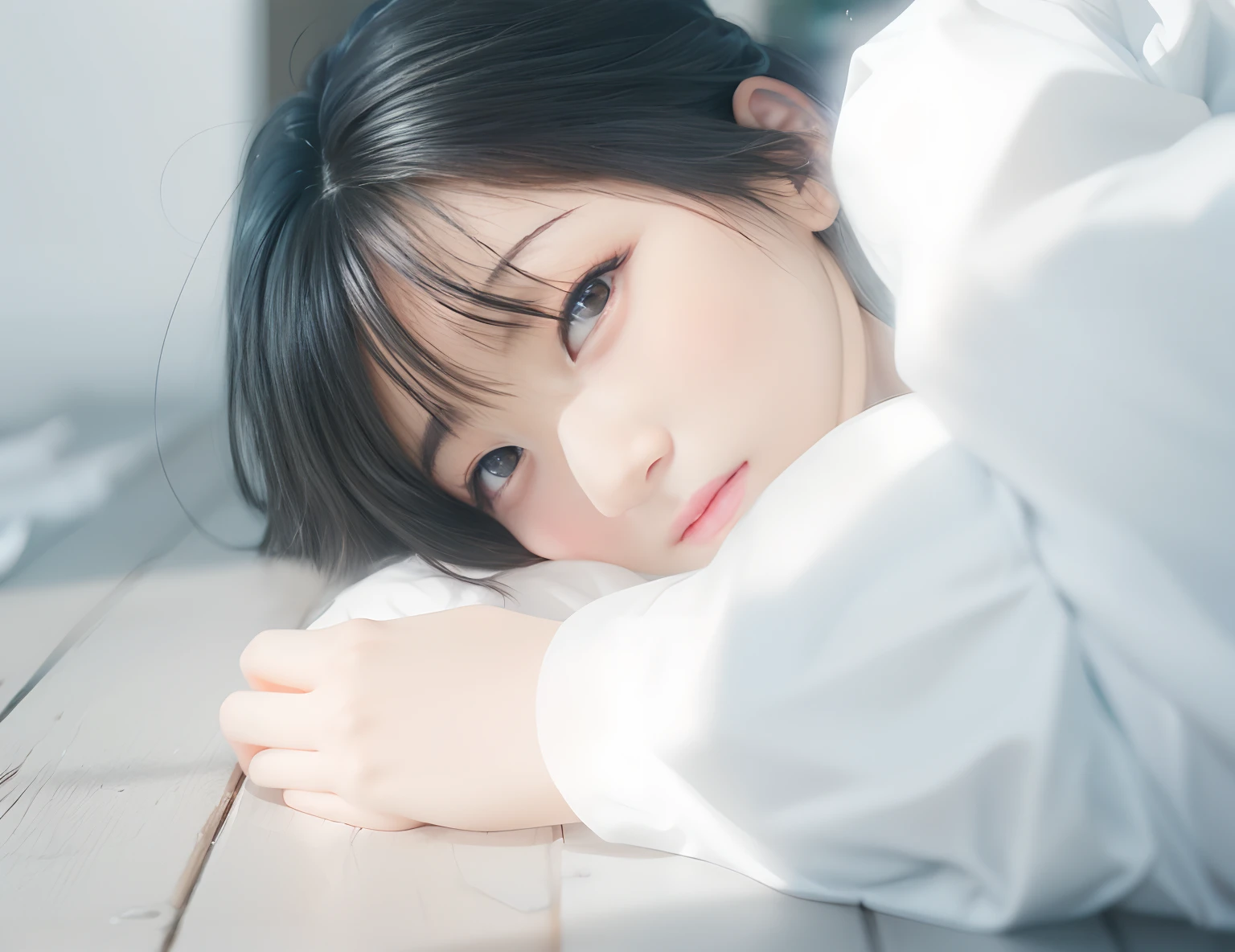 1 Korean girl, facing the viewer, caught in the sun, has beautiful eyes, sharp nose, fringed hair, white dress, smooth, expectations according to photo, style according to photo, details, thin lips, beautiful hair, smile, anime