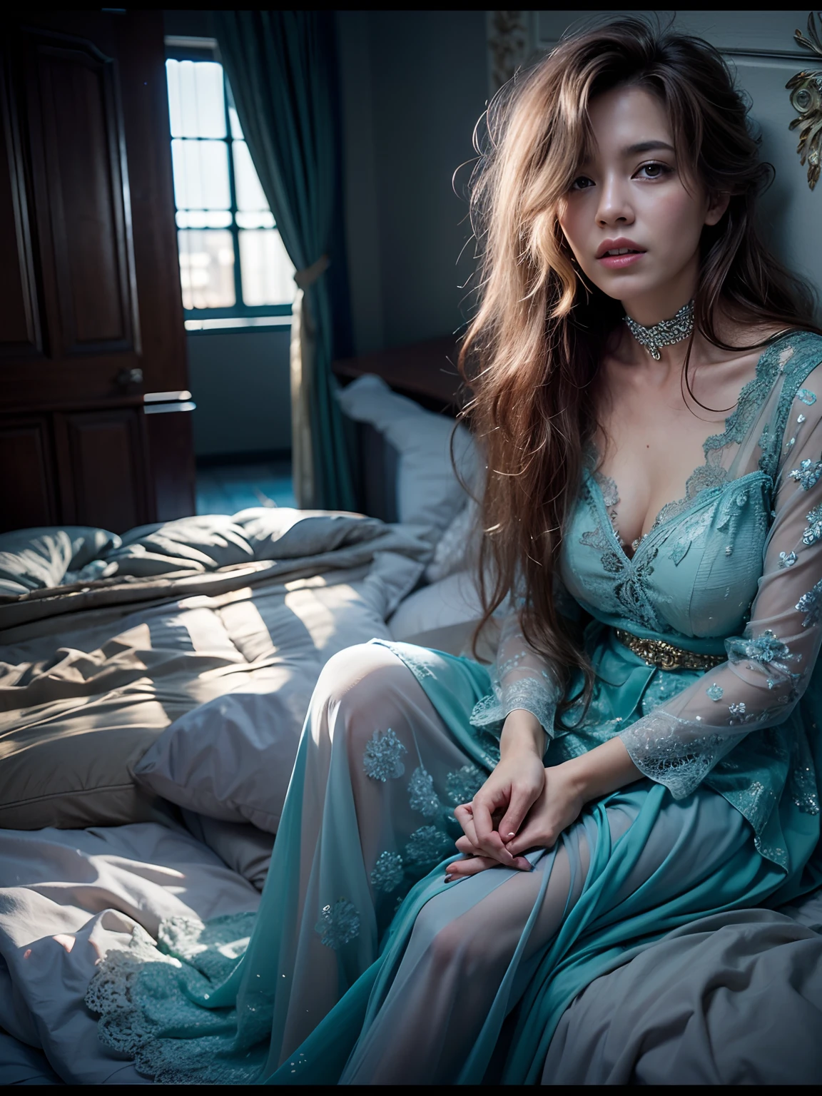 Window and bedroom interior, crying face and heartbreaking, illuminated light, cinematic dark light, photo contest composition, analog film photo color, ultra realistic pohotography, very wide mid shot view, Aesthetic atmosphere, dramatic, rays shadow, Sigma 24mm f1.8 lens, 8k, highly resolution, ultra highly detailed, Ultra hd, depth of field