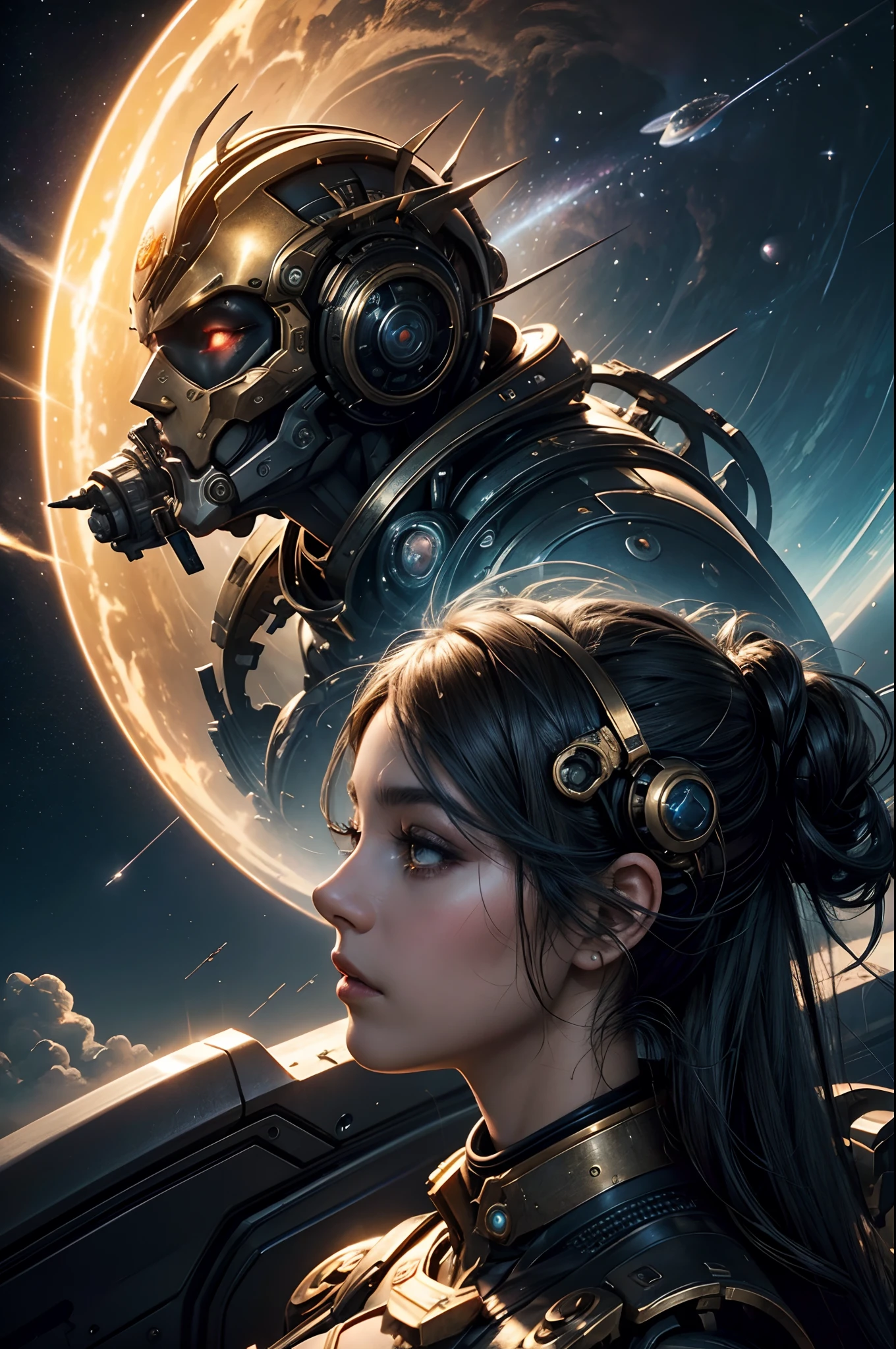realistic visual effects,attractive beautiful,dramatic contrast,Gentle lighting,Delicate warmth,the soft light,hyper HD, Extremely colorful,best qualityer,perfect female shape,HighDynamicRange,long eyelasher,Unbeatable masterpiece,putting makeup on, Sexy goddess,Large metal mechanical gears,Strange sky,8K high quality,A pair of big eyes are beautiful and moving,White skin,Makeup,Sexy outfit,Gold this round,Gold Warframe,Spaceship,Mechanical pets, 【Background with】Large gold gear,Doomsday ruins,Giant tornado,The setting sun burns the clouds,Multiple planets,The end of the world,Multiple planets,Space-time tunnel,Space battleships,Mards,,Jupiter,Lightning Thunder, Mercury,Strange sky,Giant tornado,Blue light,salama,Large flying machines,Cool car,Time Tunnel,nuclear power plant,Futuristic car,tornado。