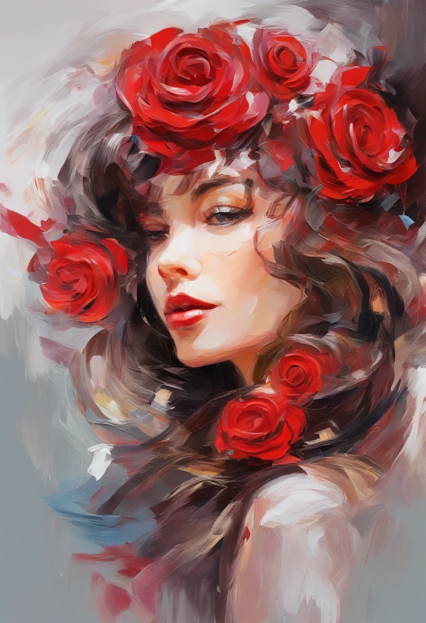 A impasto oil painting of woman , view by side, looking to viewers, seduce, wearing a red rose on her hair near her ear, white background, closed up, hyper realistic oil painting. masterpiece art work.